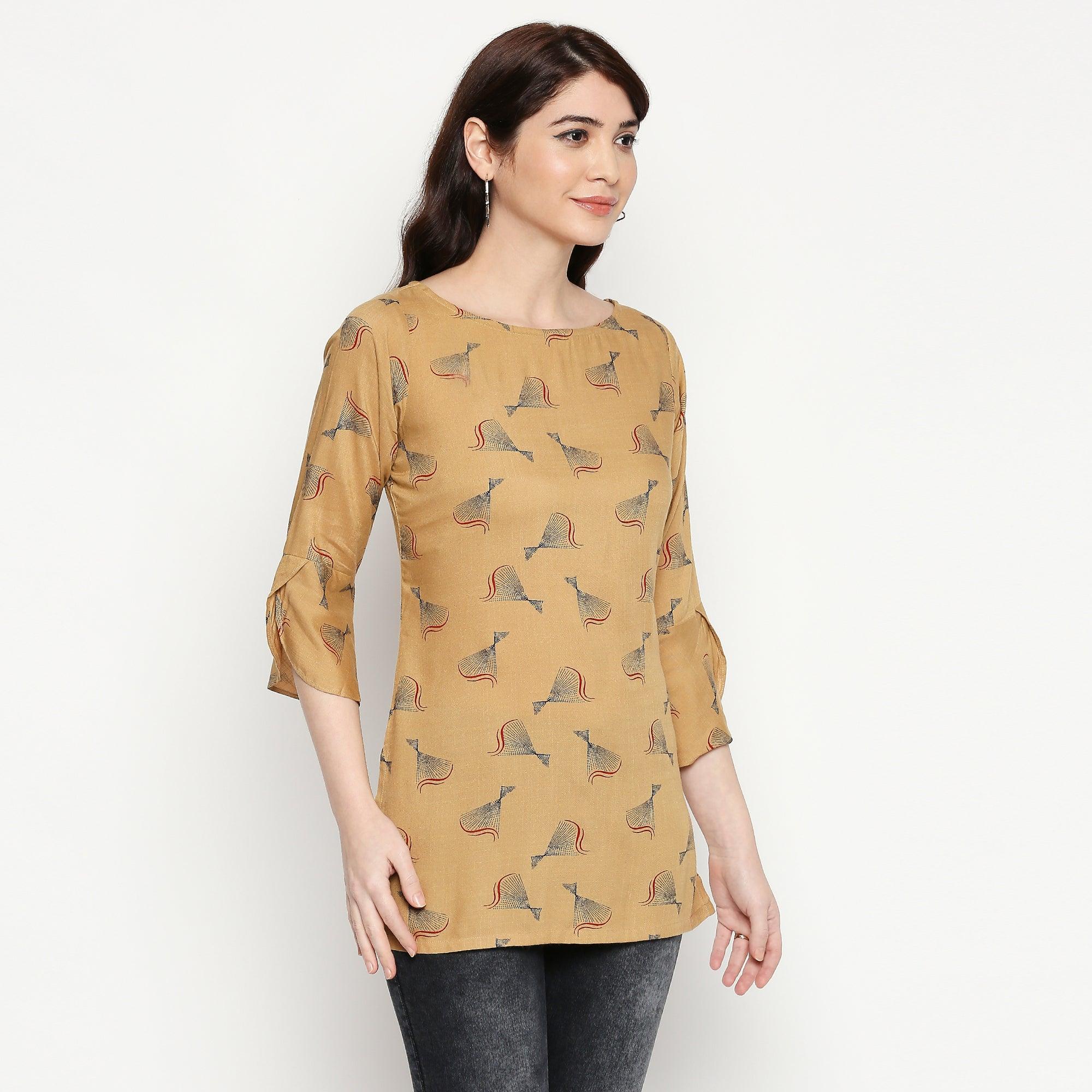Flattering Beige Colored Casual Wear Printed Cotton Western Top - Peachmode