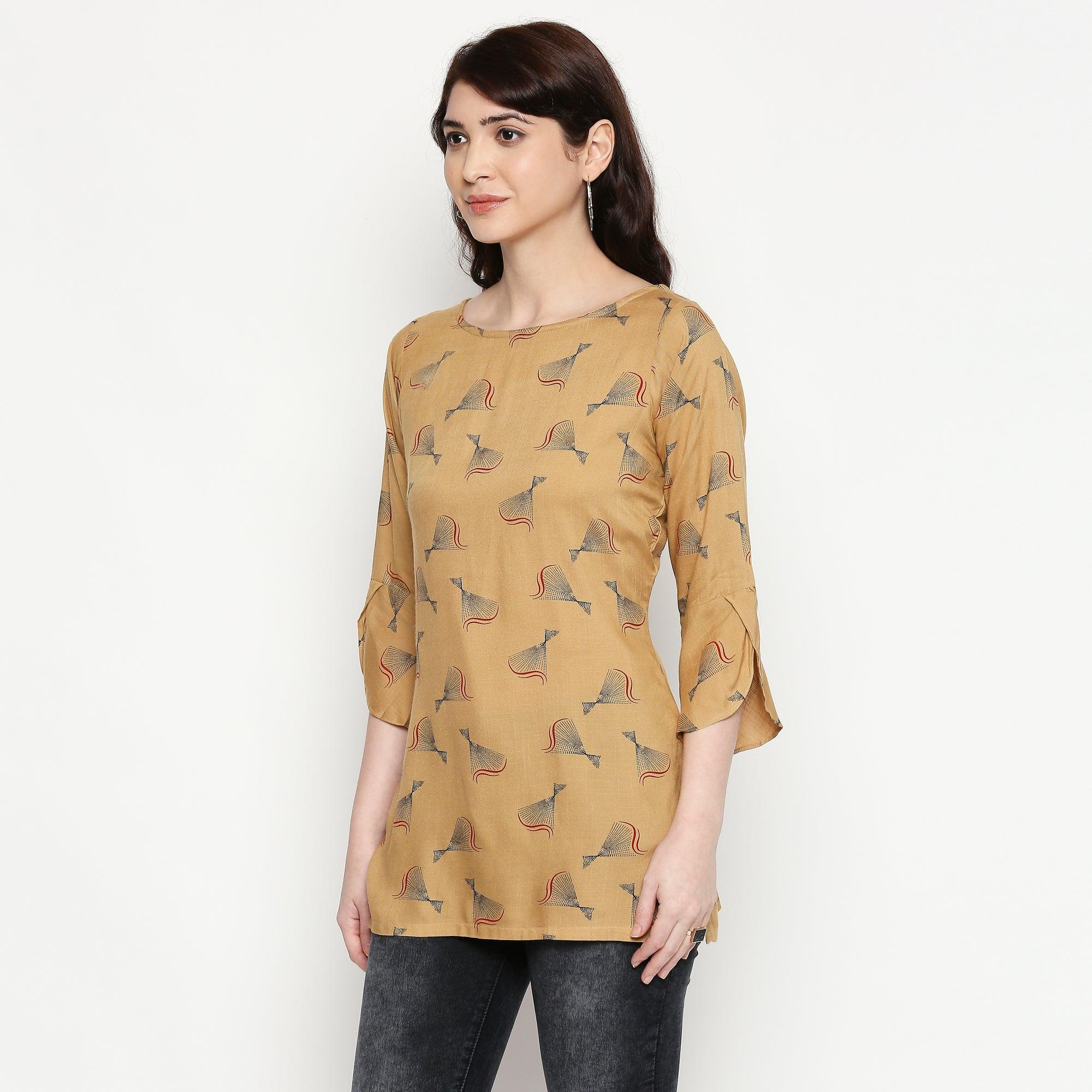 Flattering Beige Colored Casual Wear Printed Cotton Western Top - Peachmode