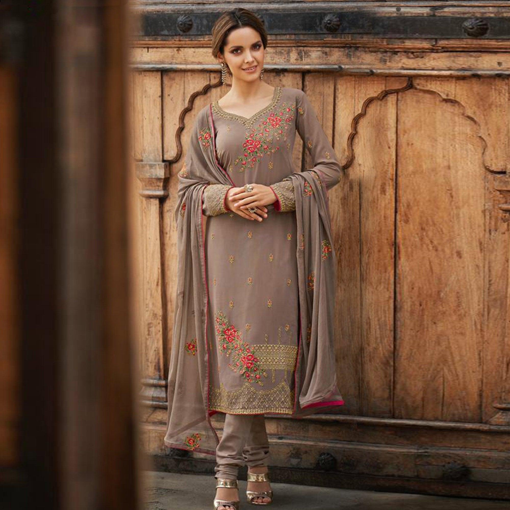 Flattering Beige Colored Partywear Embroidered Faux georgette Salwar Suit - Peachmode