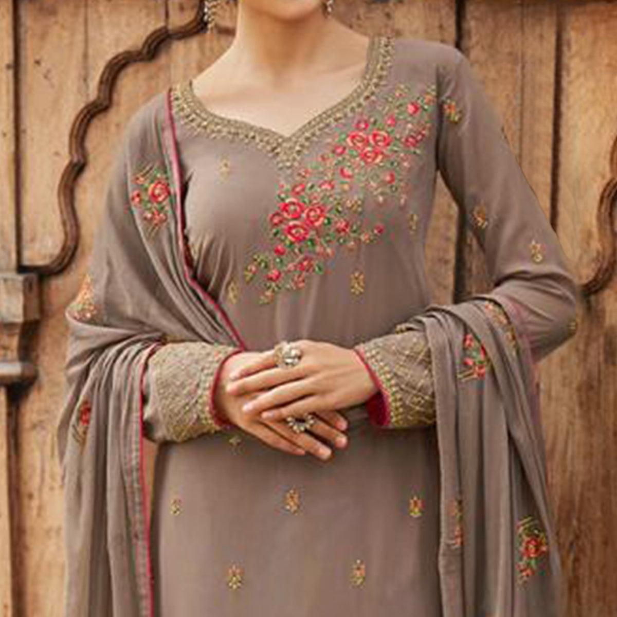 Flattering Beige Colored Partywear Embroidered Faux georgette Salwar Suit - Peachmode