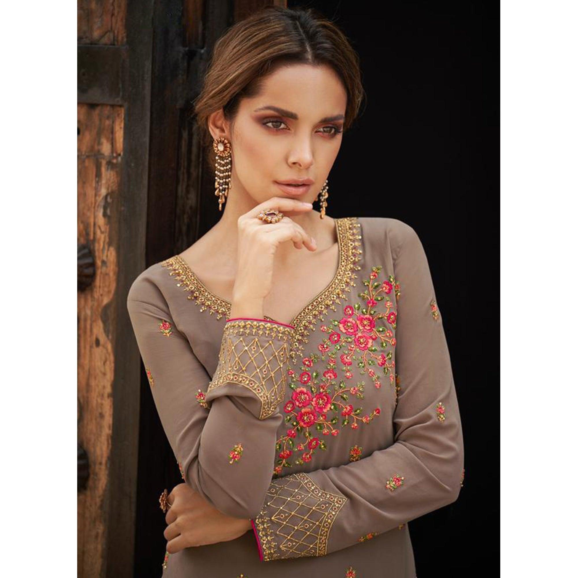 Flattering Beige Colored Partywear Embroidered Faux georgette Salwar Suit - Peachmode
