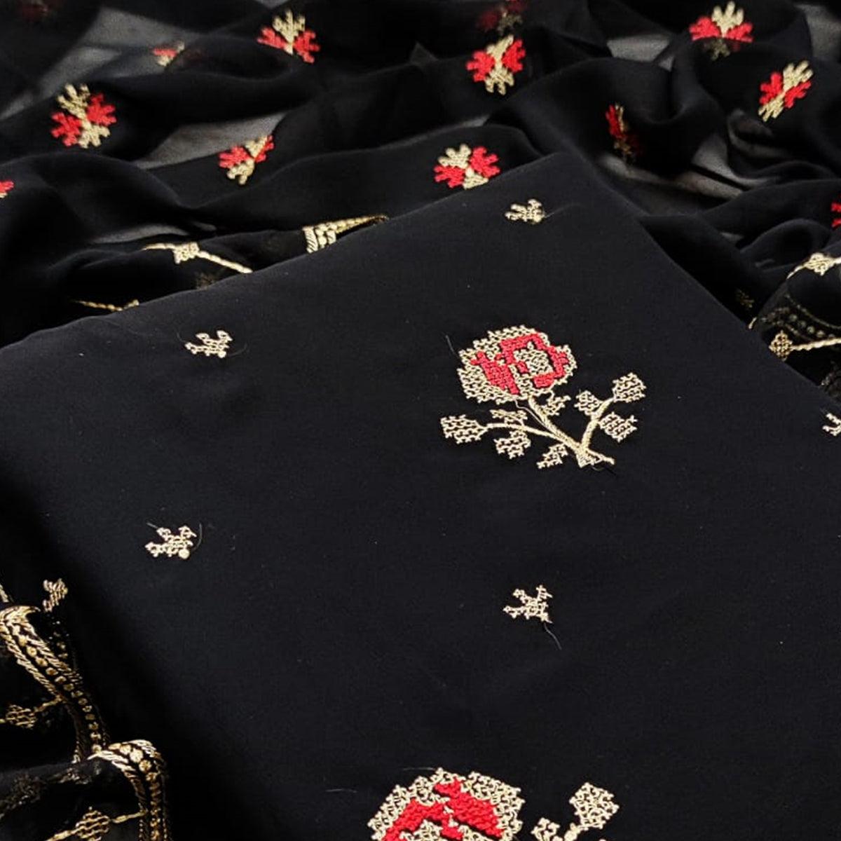 Flattering Black Colored Casual Wear Embroidered Georgette Dress Material - Peachmode