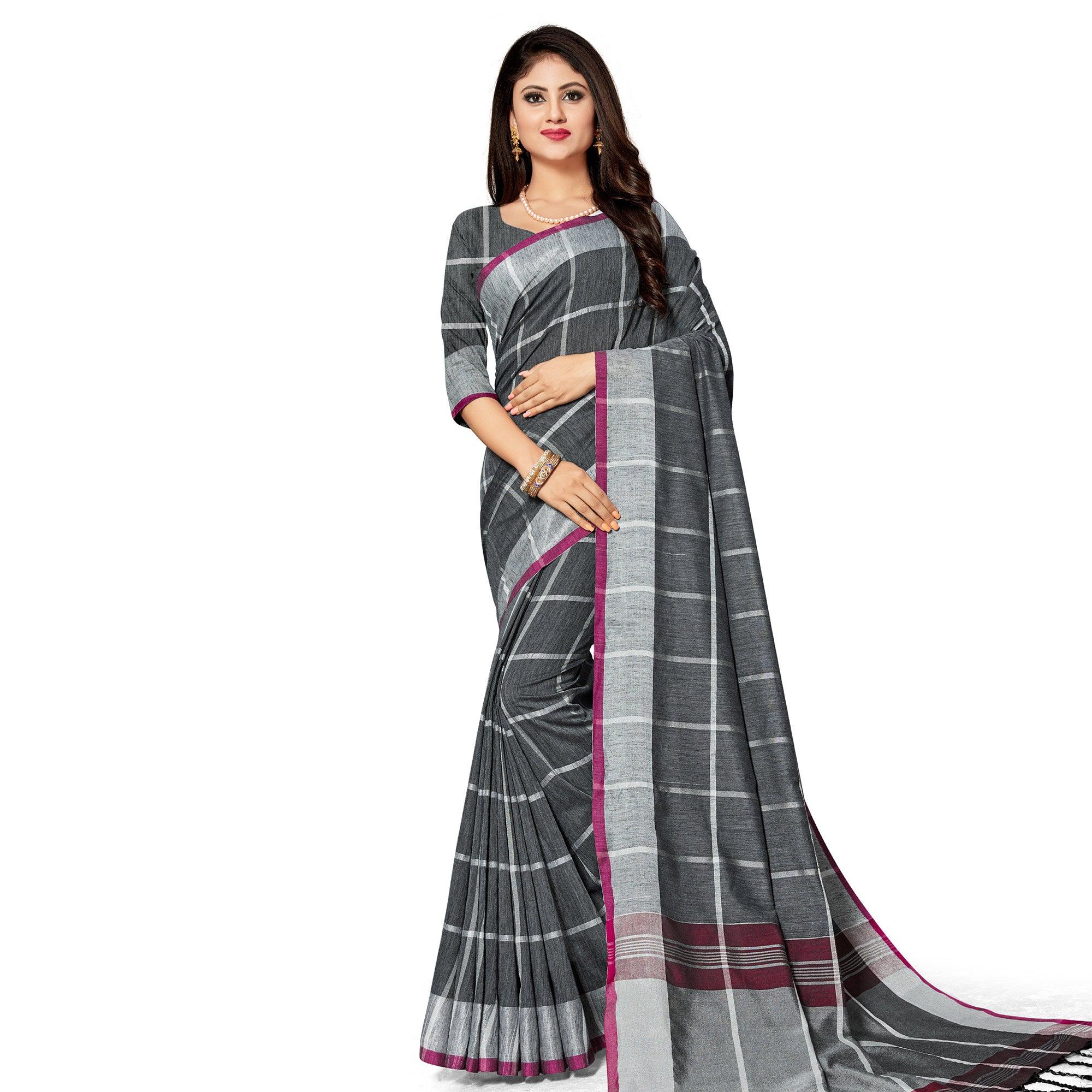 Flattering Black Colored Fesive Wear Stripe Print Cotton Silk Saree With Tassels - Peachmode