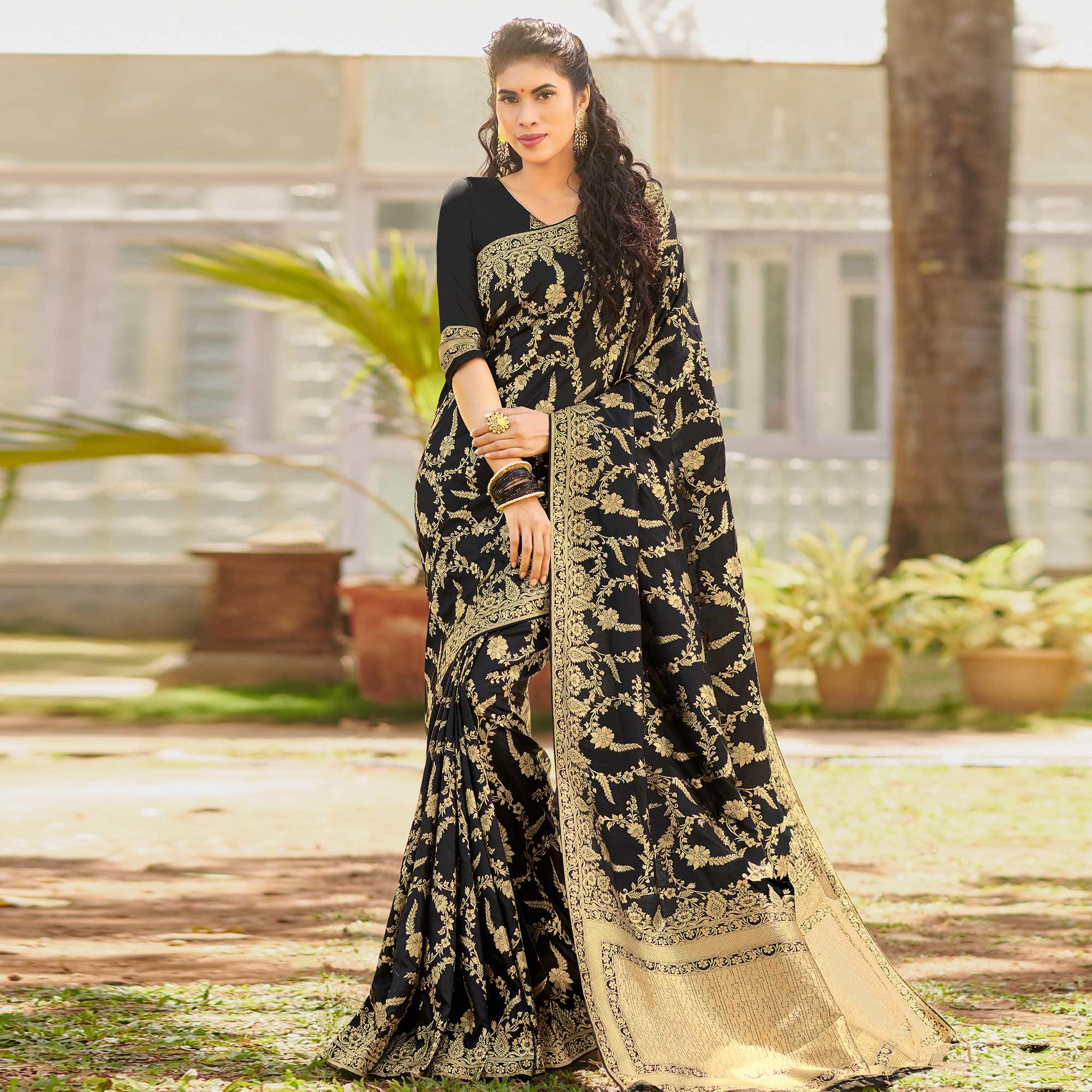 Flattering Black Colored Festive Wear Woven Silk Saree - Peachmode