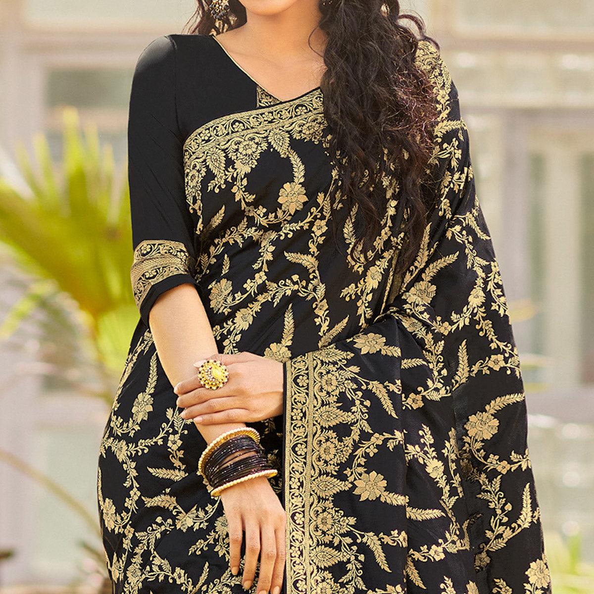 Flattering Black Colored Festive Wear Woven Silk Saree - Peachmode