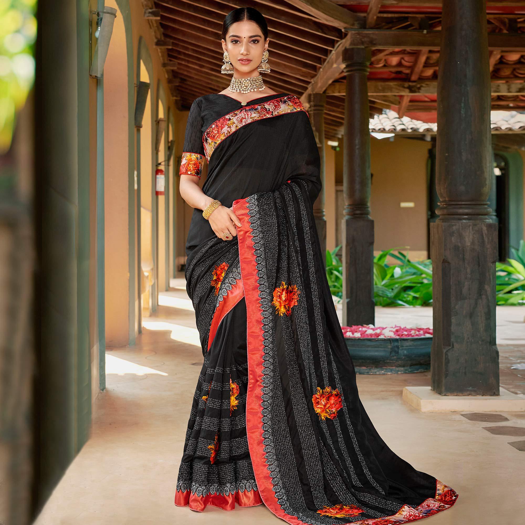 Flattering Black Colored Partywear Embroidered Art Silk Saree - Peachmode