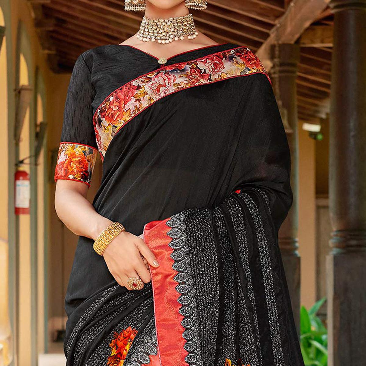 Flattering Black Colored Partywear Embroidered Art Silk Saree - Peachmode