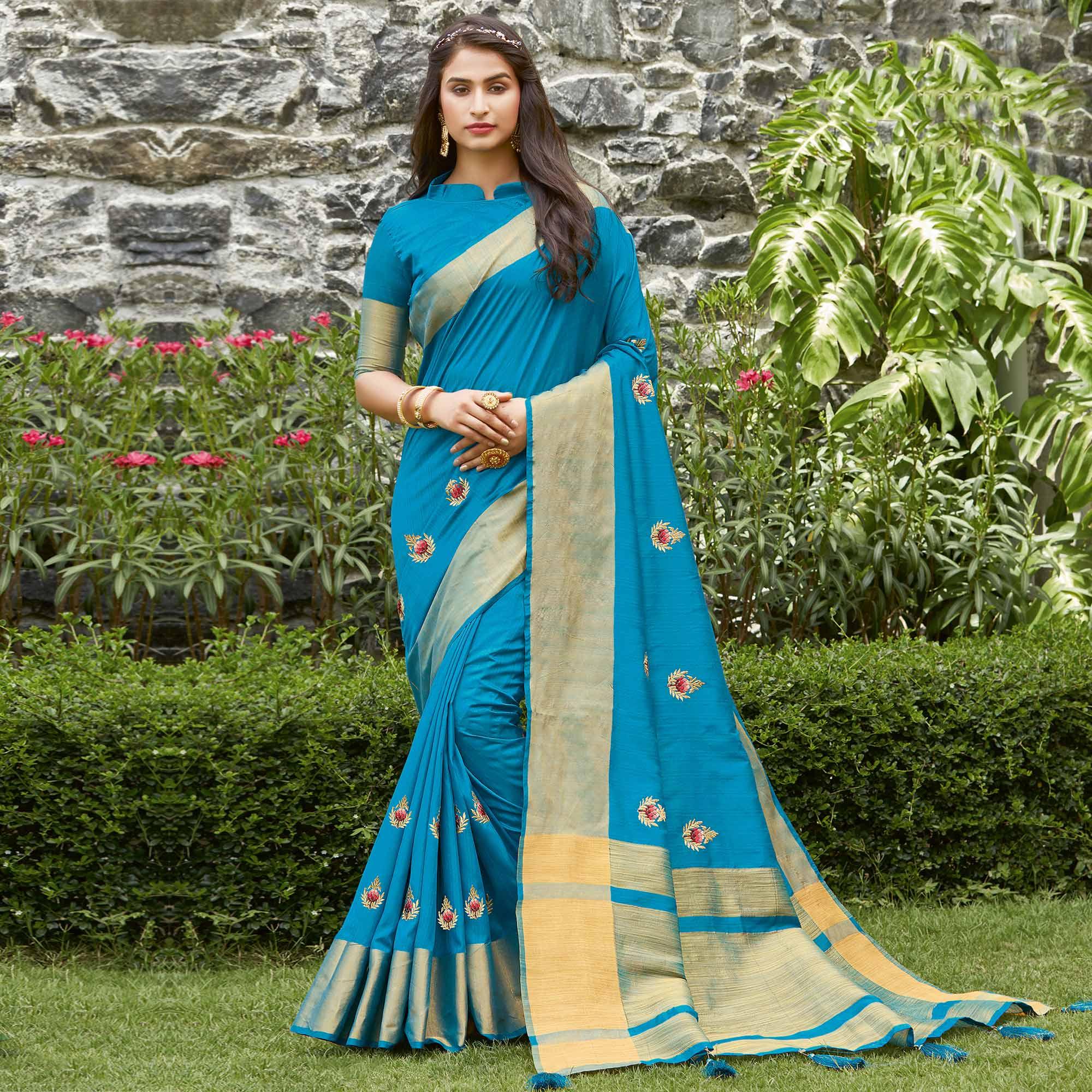 Flattering Blue Colored Festive Wear Woven Handloom Silk Saree - Peachmode