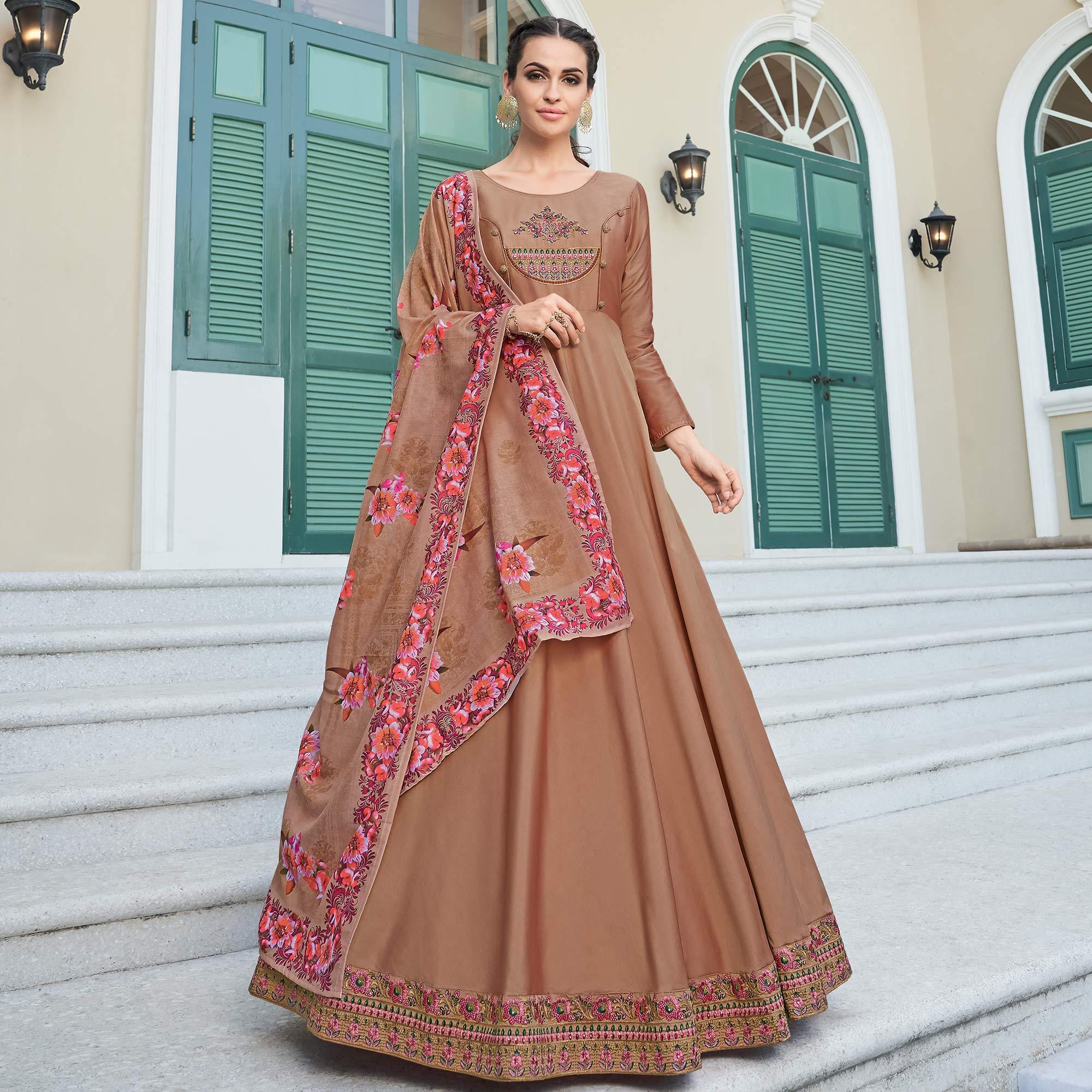 Flattering Brown Colored Partywear Embroidered Silk Anarkali Suit - Peachmode