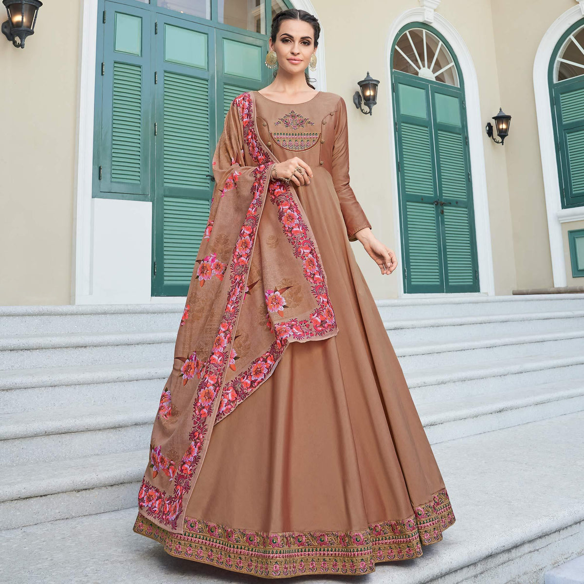 Flattering Brown Colored Partywear Embroidered Silk Anarkali Suit Flattering Brown Colored Partywear Embroidered Silk Anarkali Suit