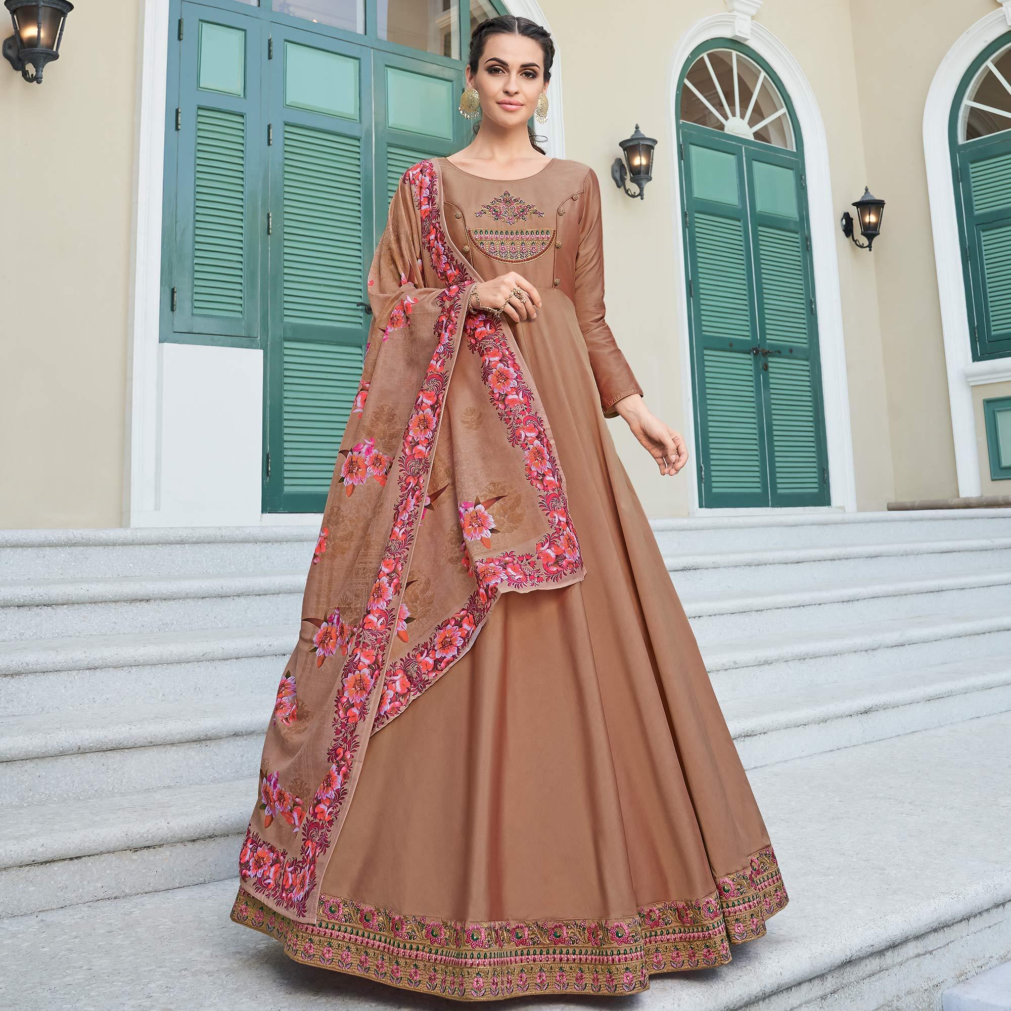 Flattering Brown Colored Partywear Embroidered Silk Anarkali Suit Flattering Brown Colored Partywear Embroidered Silk Anarkali Suit
