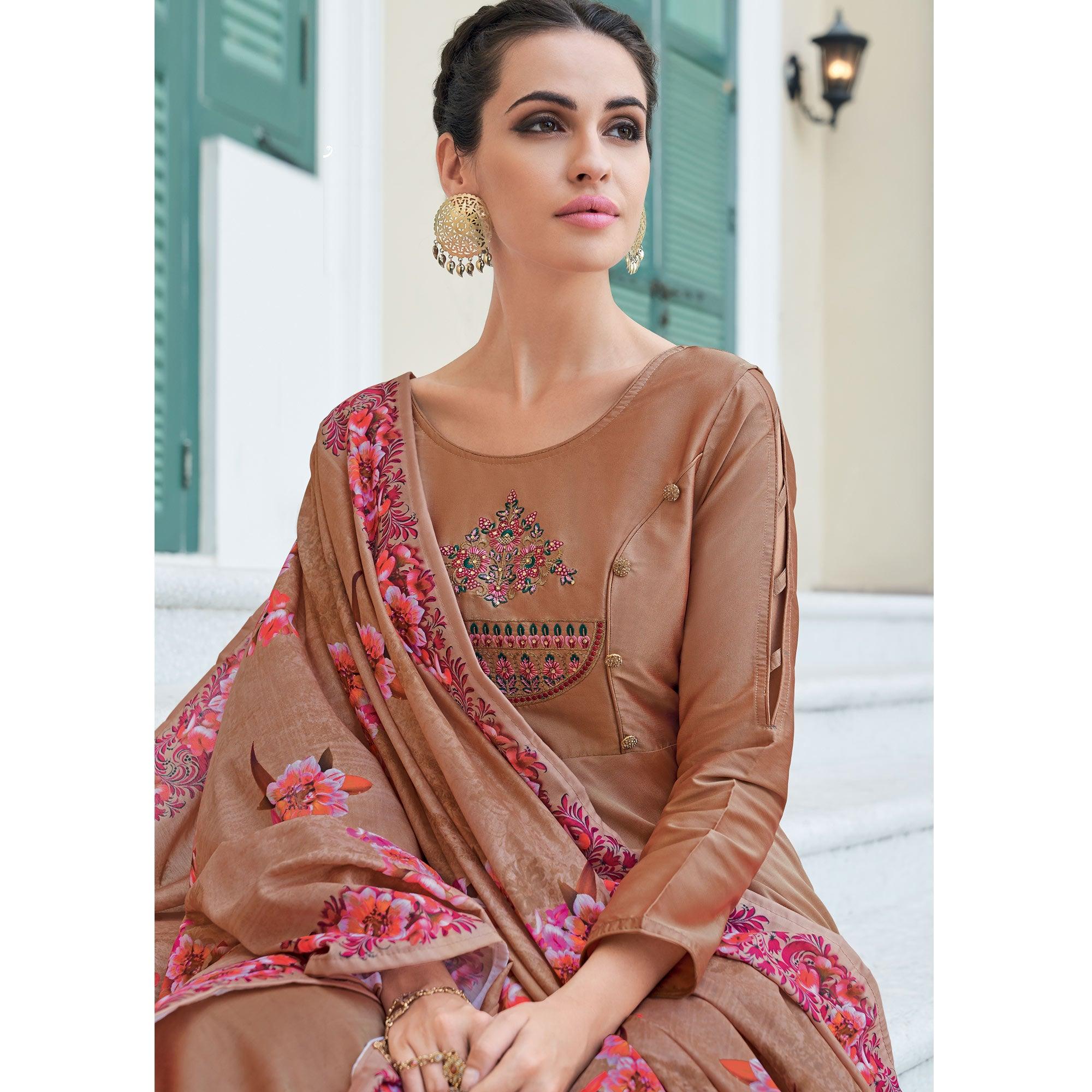 Flattering Brown Colored Partywear Embroidered Silk Anarkali Suit - Peachmode