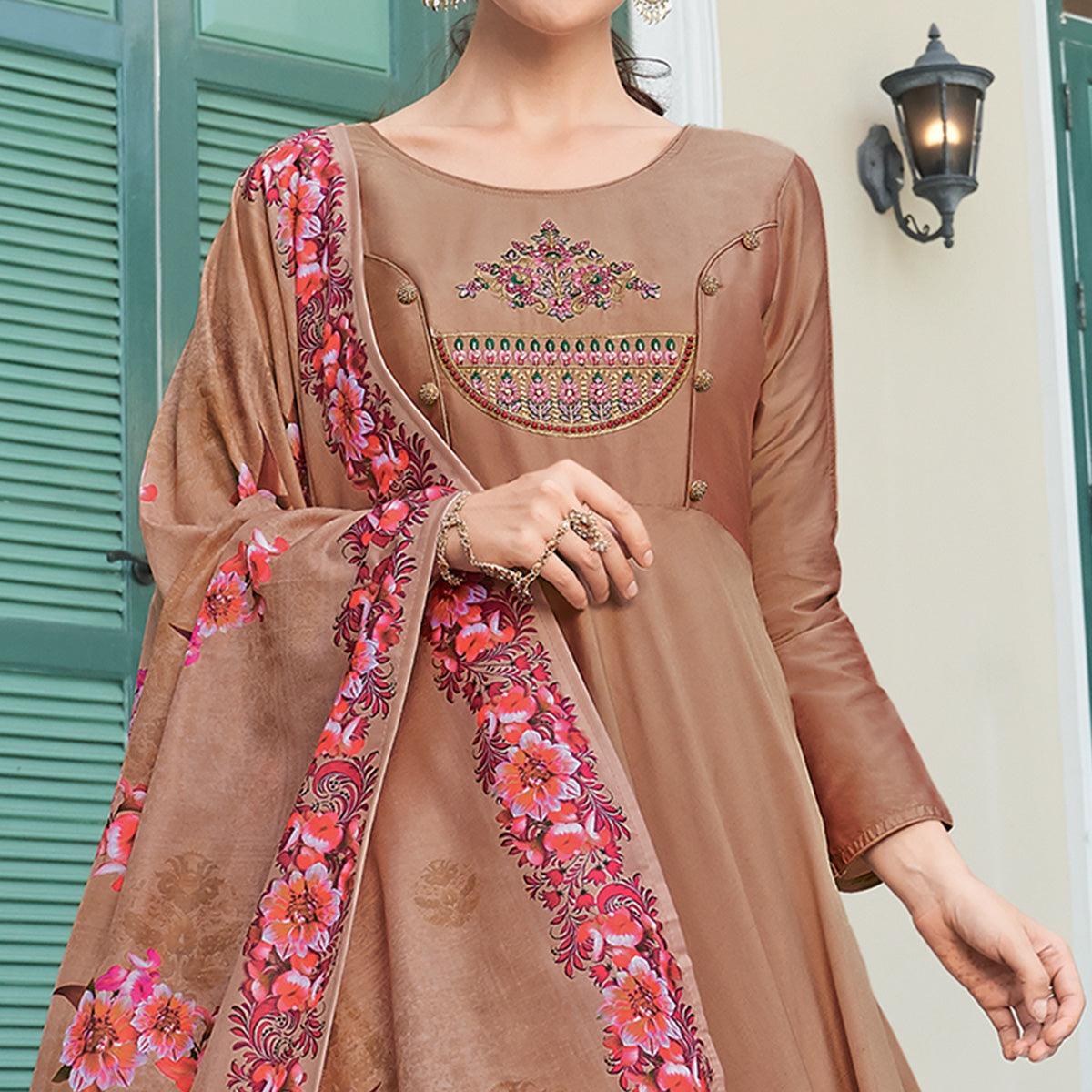 Flattering Brown Colored Partywear Embroidered Silk Anarkali Suit - Peachmode