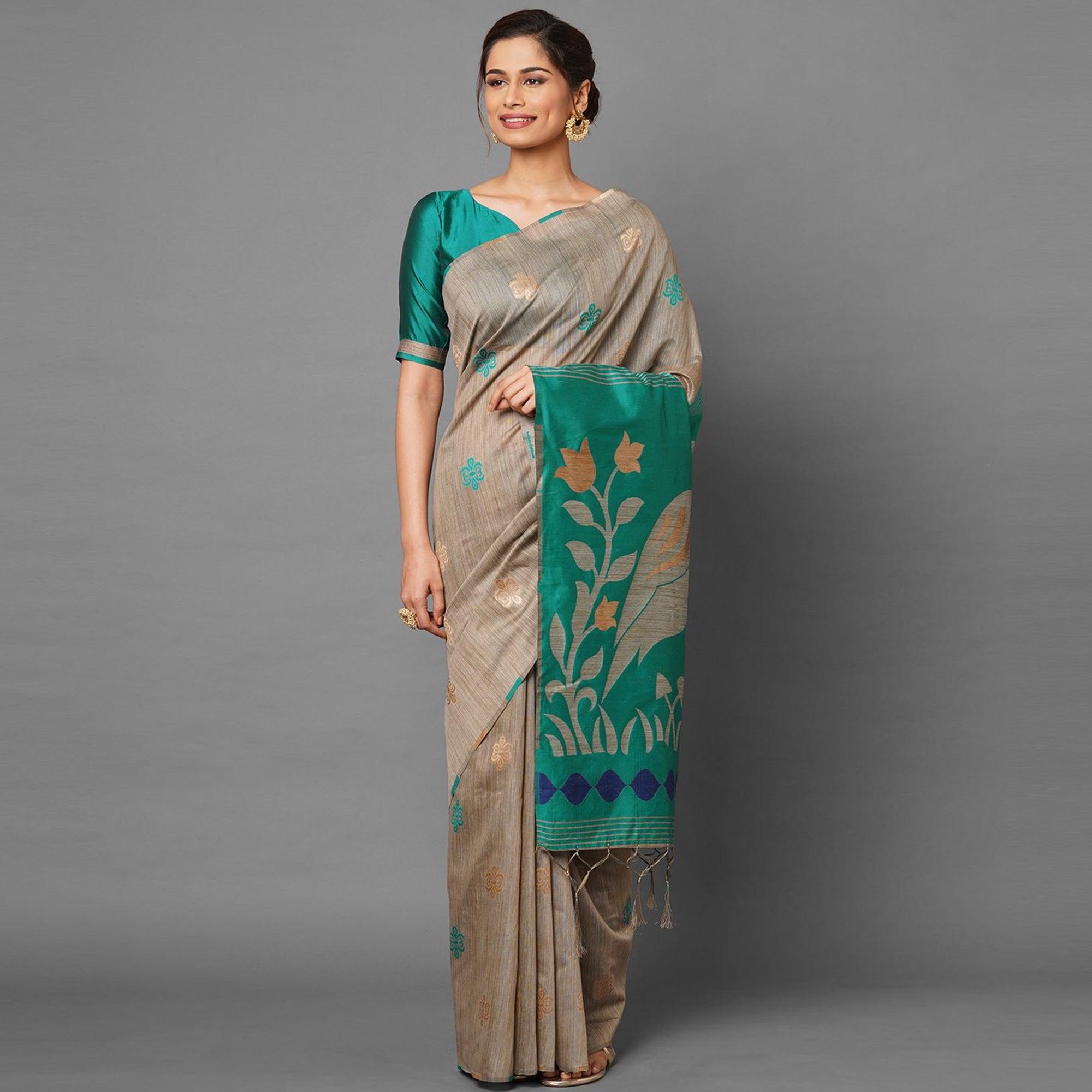 Flattering Chiku-Turquoise Green Colored Festive Wear Woven Art Silk Saree - Peachmode
