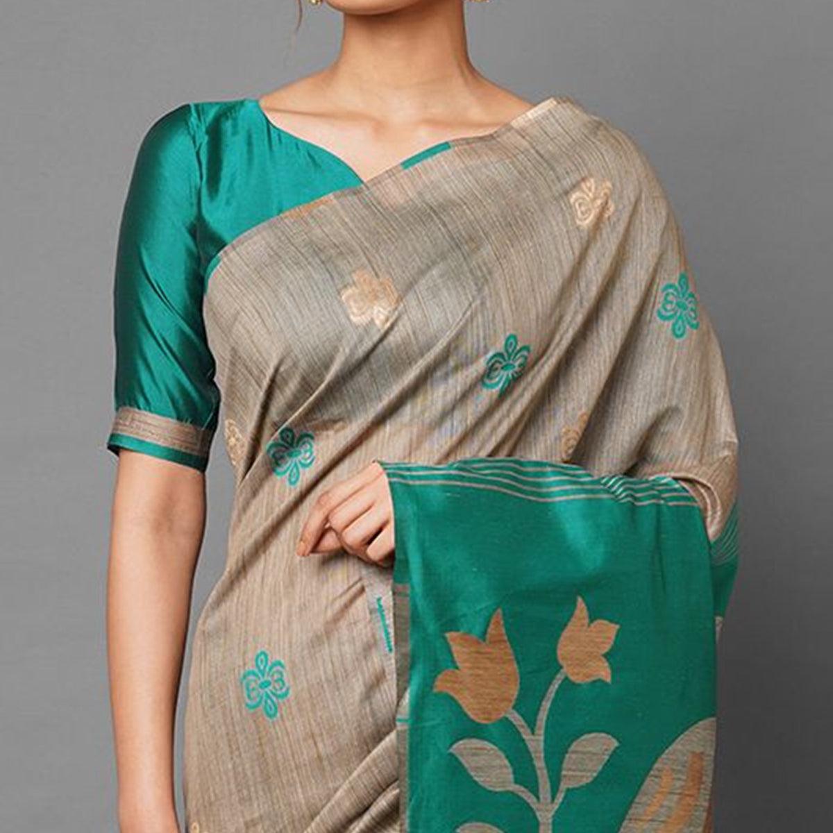 Flattering Chiku-Turquoise Green Colored Festive Wear Woven Art Silk Saree - Peachmode