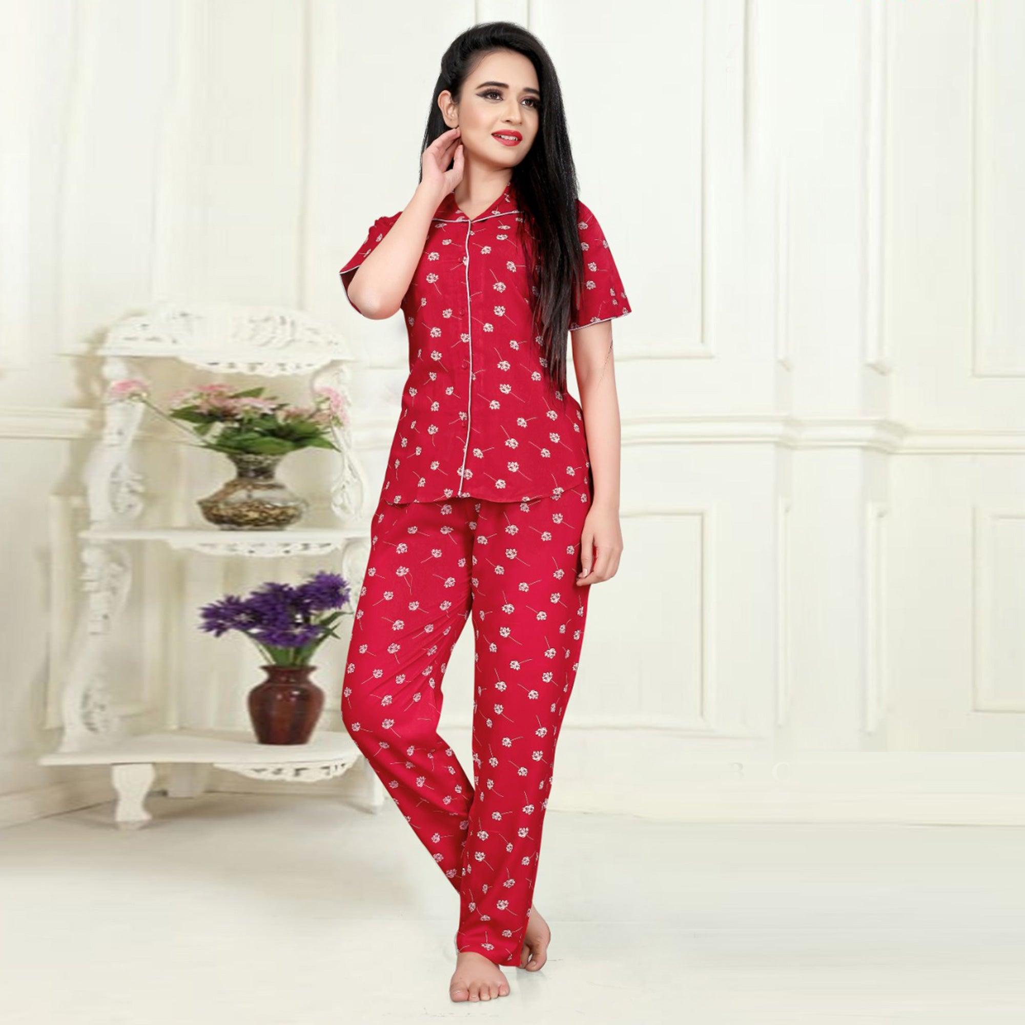 Flattering Coral Red Colored Printed Cotton Rayon Night Suit - Peachmode