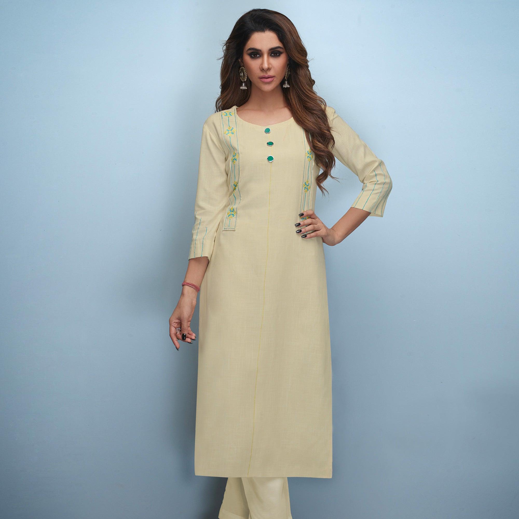 Flattering Cream Colored Partywear Embroidered Rayon Kurti - Peachmode