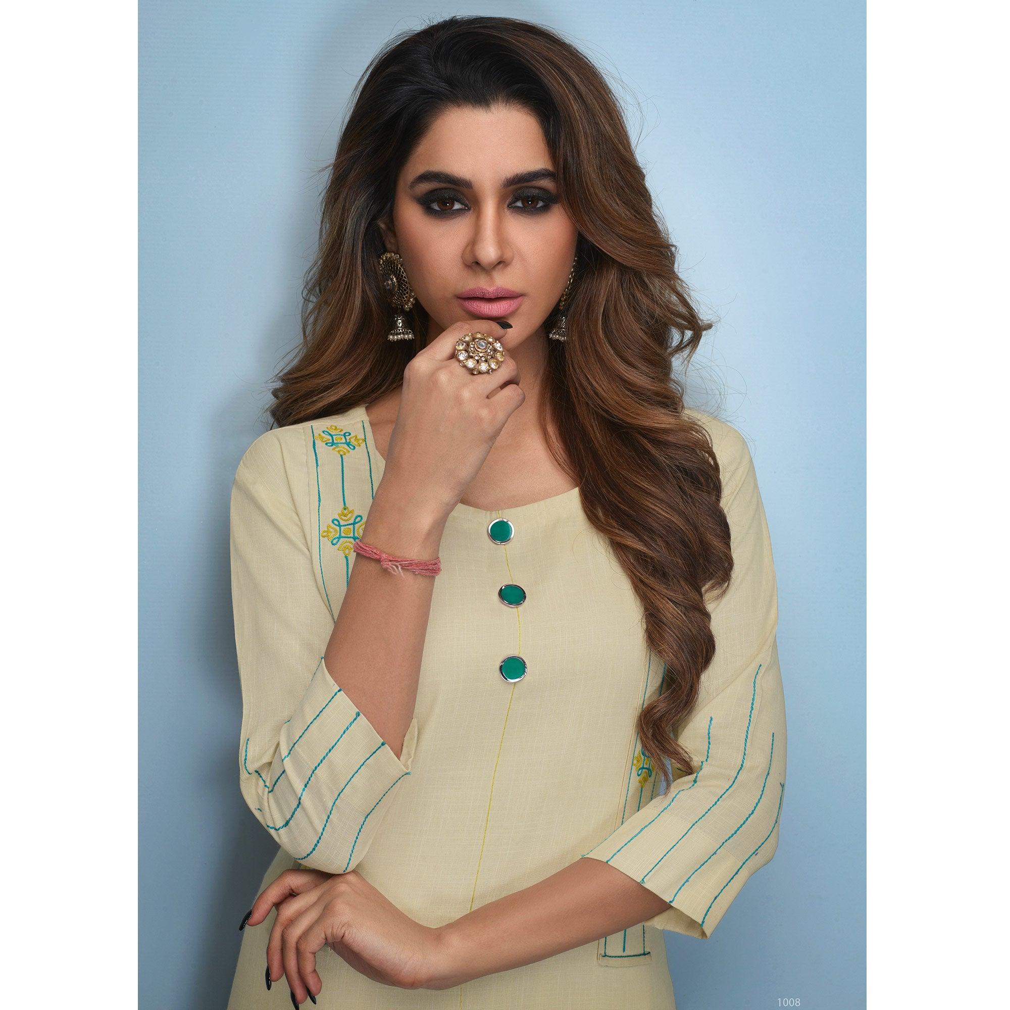 Flattering Cream Colored Partywear Embroidered Rayon Kurti - Peachmode