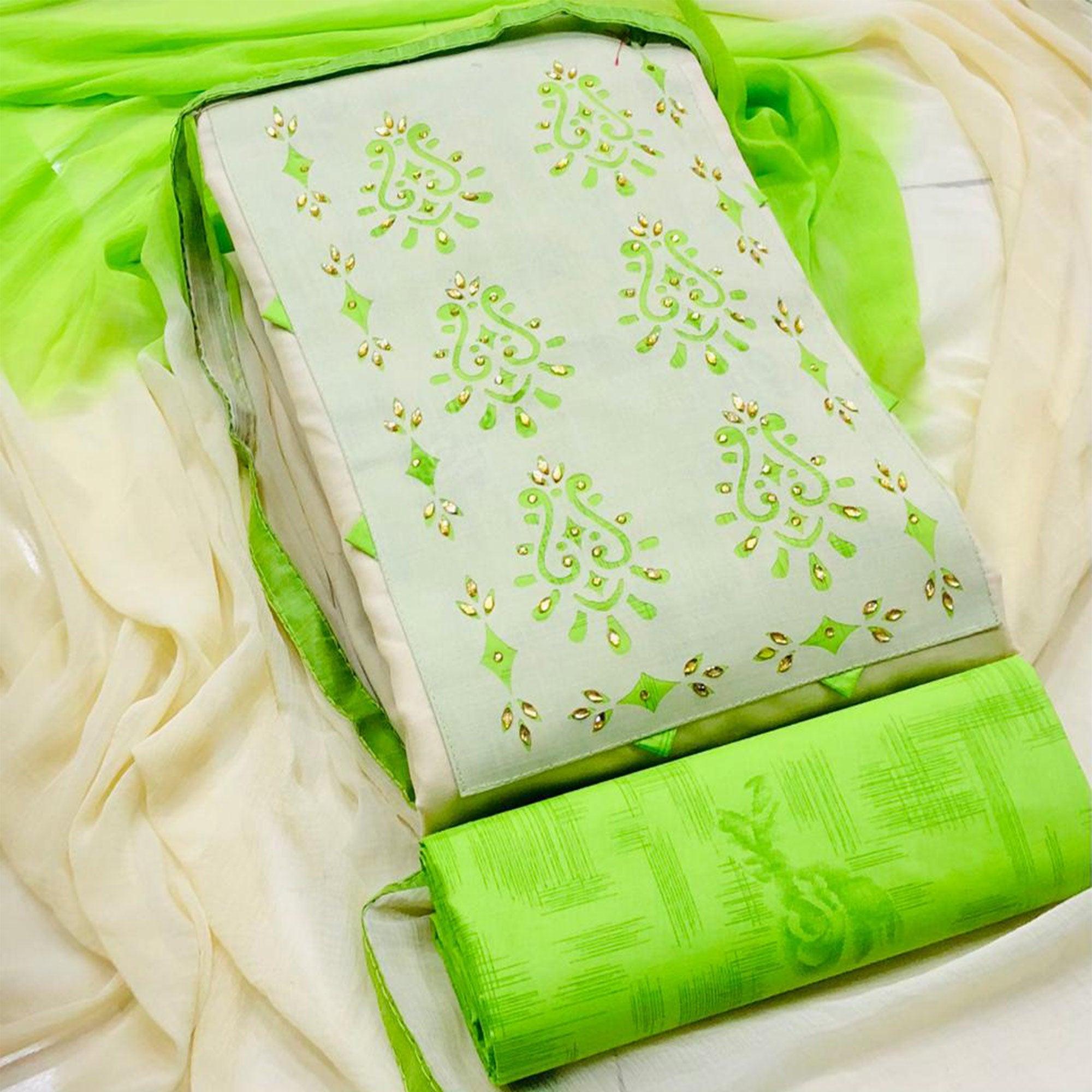Flattering Cream - Green Colored Casual Wear Printed Cotton Dress Material - Peachmode
