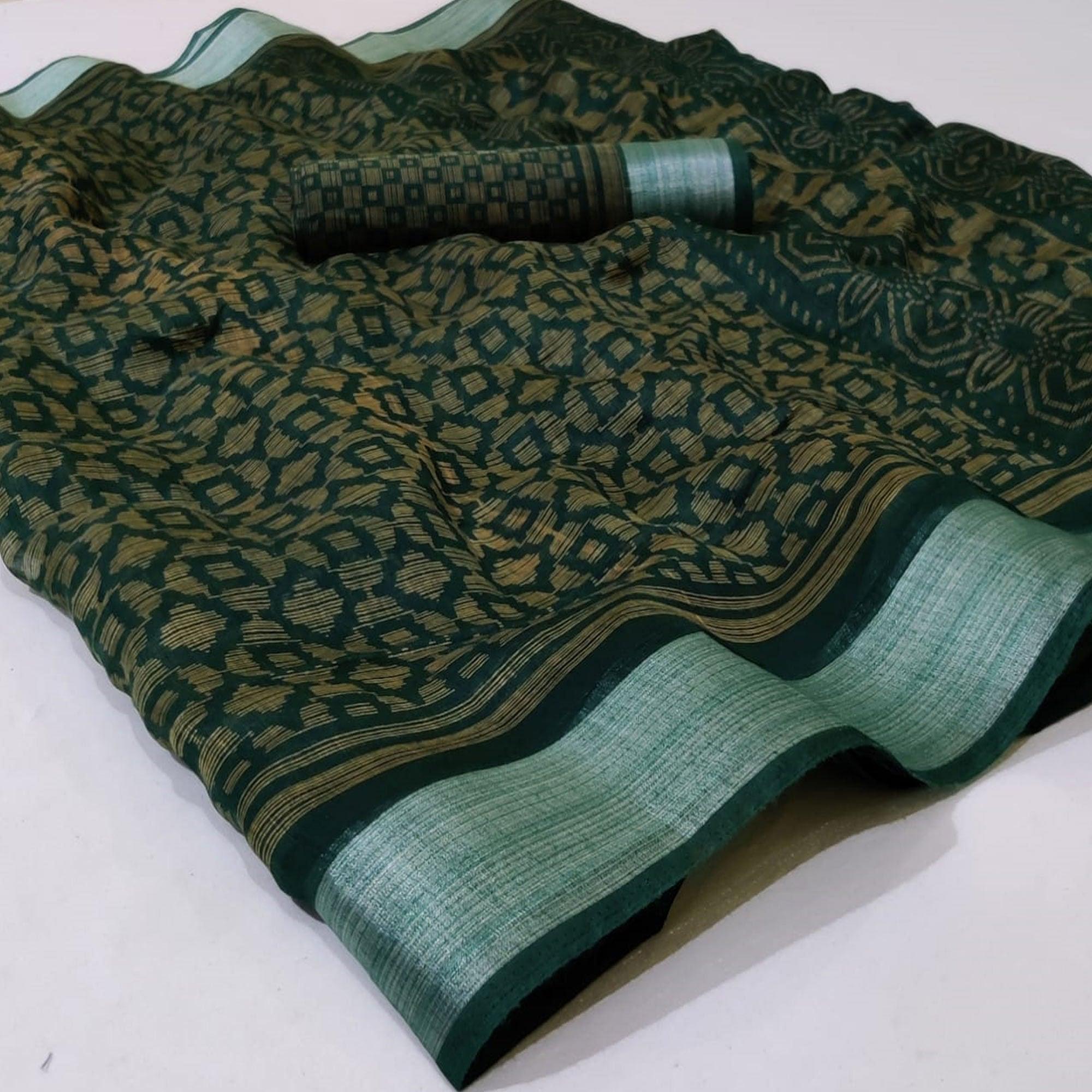 Flattering Dark Green Colored Casual Wear Printed Heavy Cotton Saree - Peachmode
