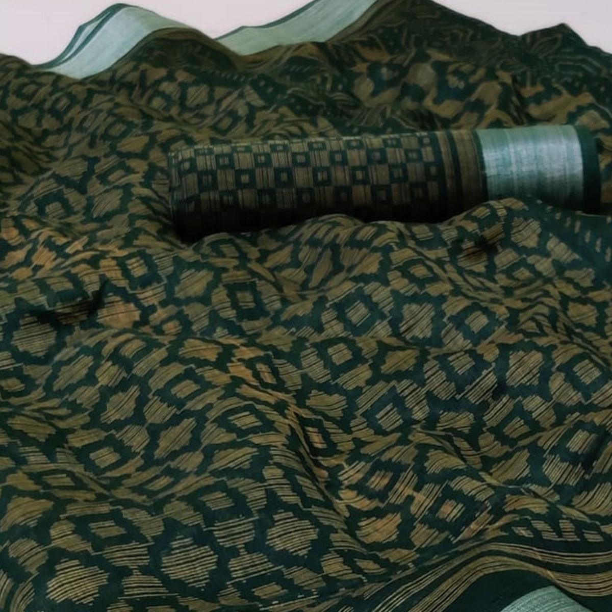 Flattering Dark Green Colored Casual Wear Printed Heavy Cotton Saree - Peachmode