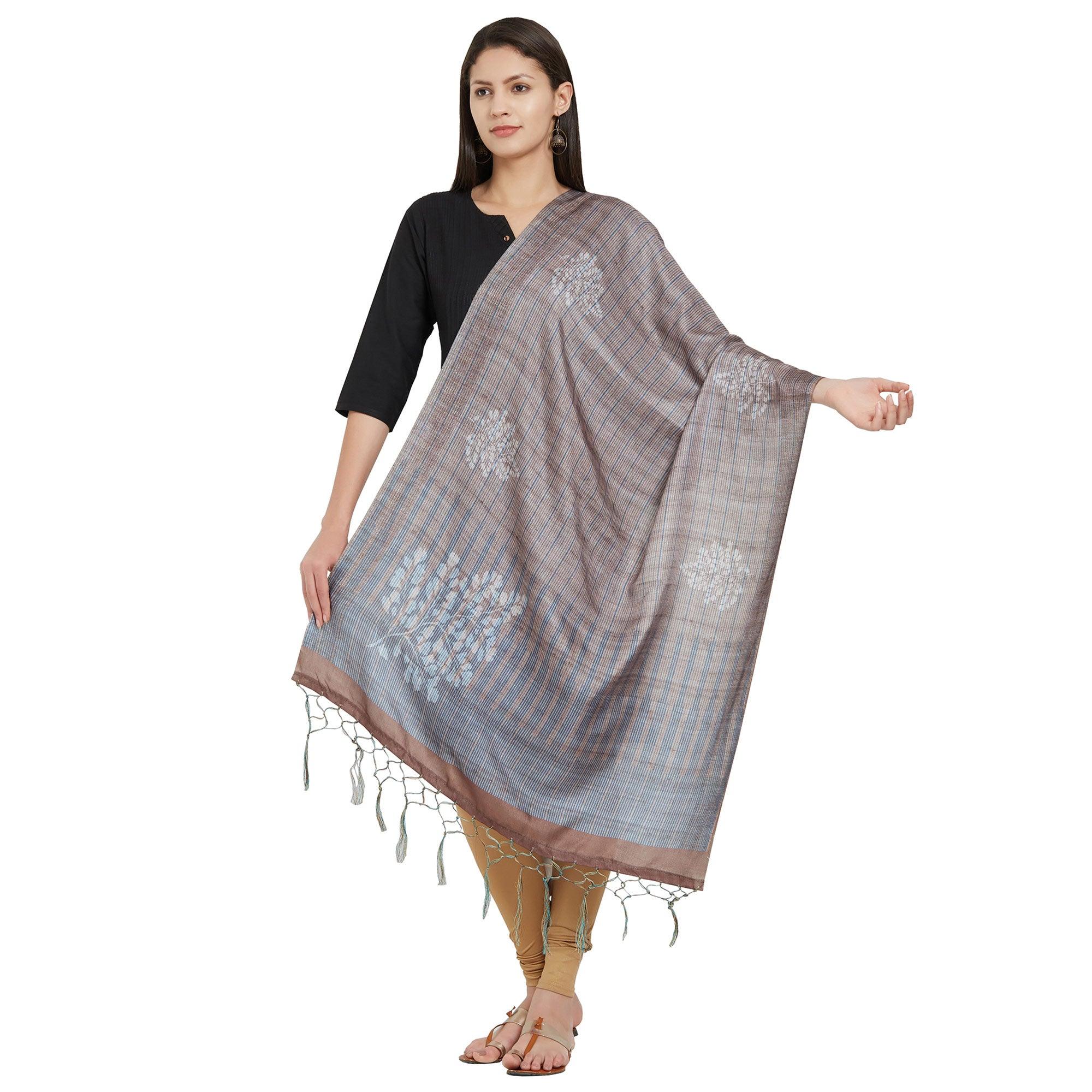 Flattering Gray Colored Casual Printed Pashmina Silk Dupatta - Peachmode