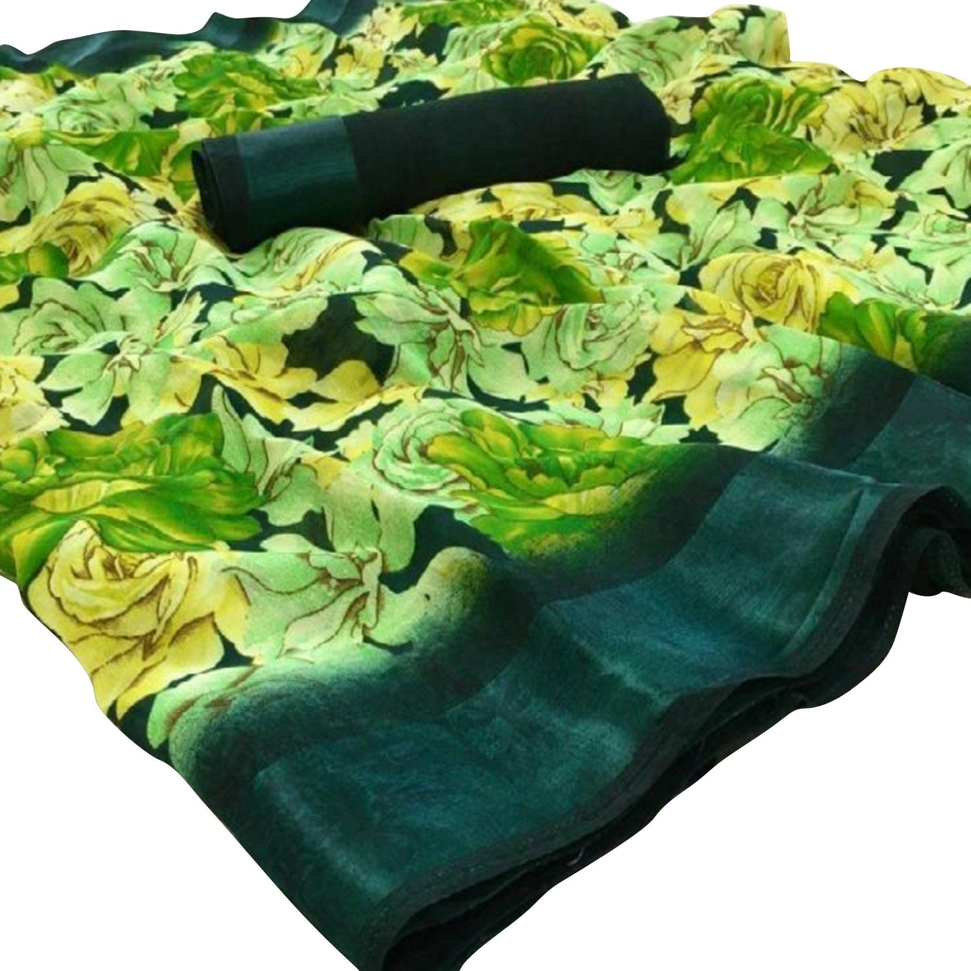 Flattering Green Colored Casual Floral Printed Linen Saree - Peachmode