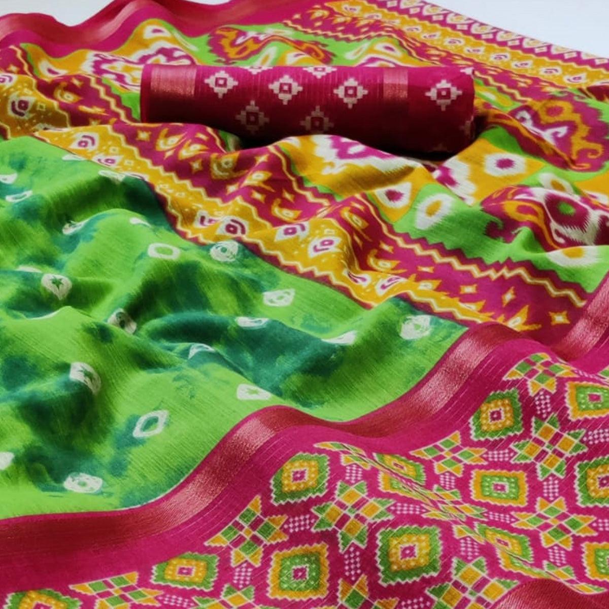 Flattering Green Colored Casual Wear Printed Cotton Saree - Peachmode
