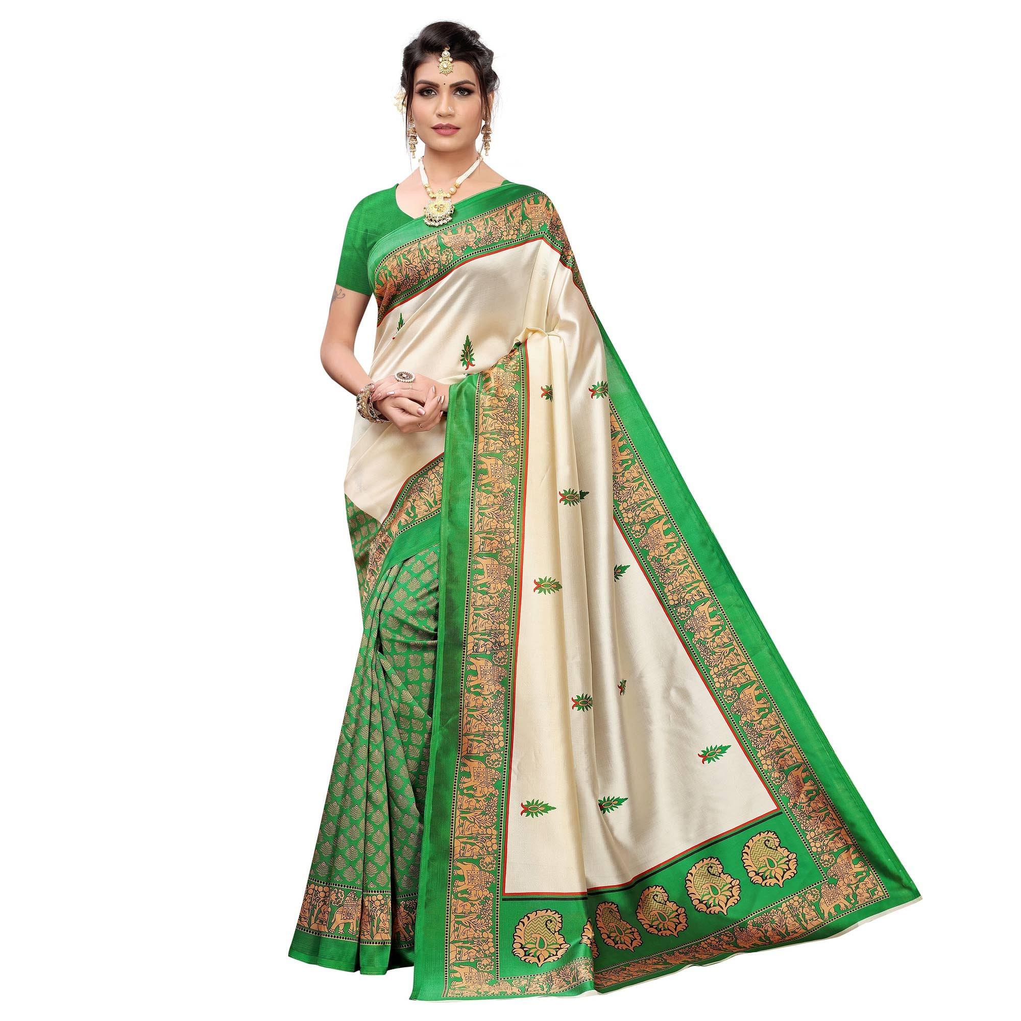 Flattering Green Colored Festive Wear Printed Art Silk Saree - Peachmode