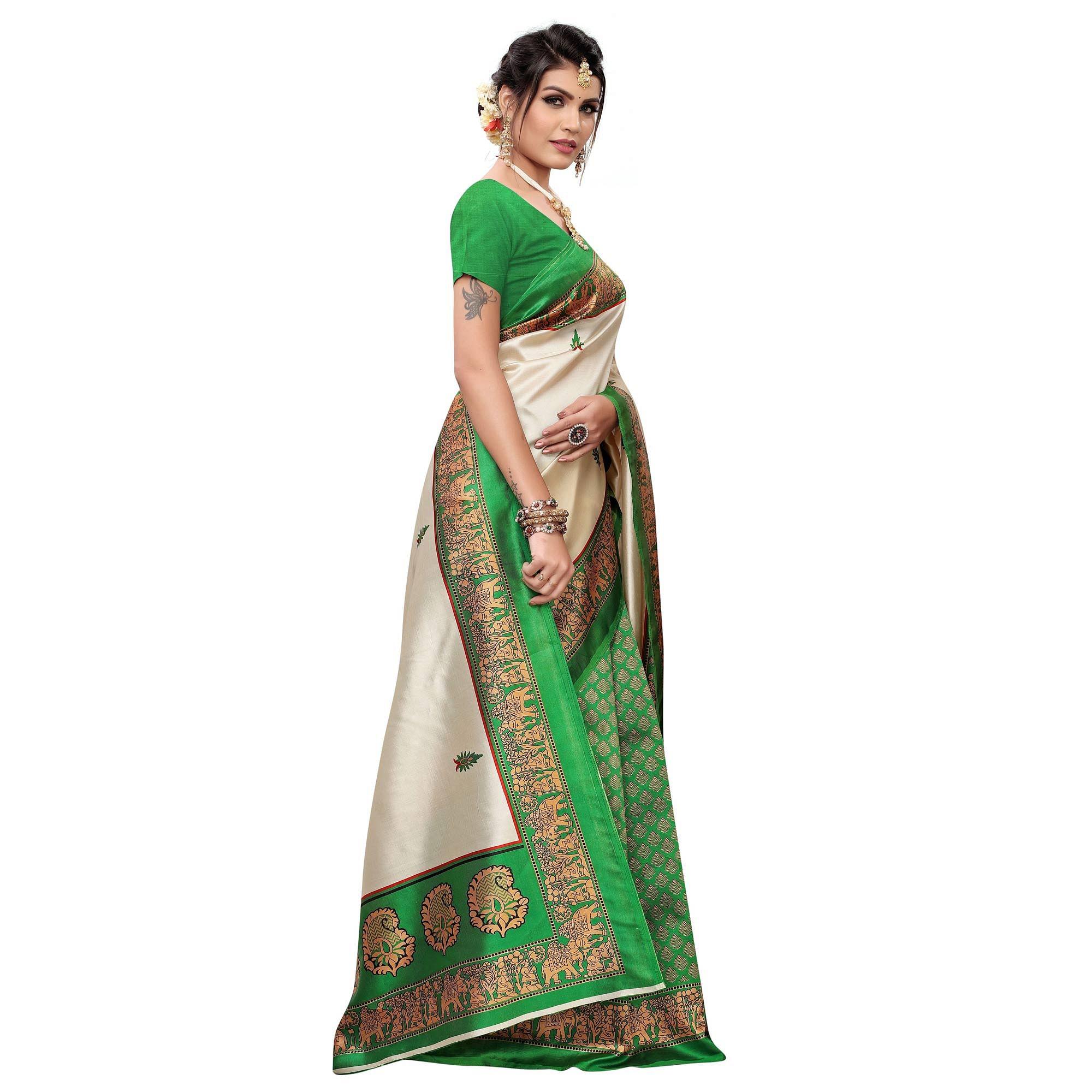 Flattering Green Colored Festive Wear Printed Art Silk Saree - Peachmode