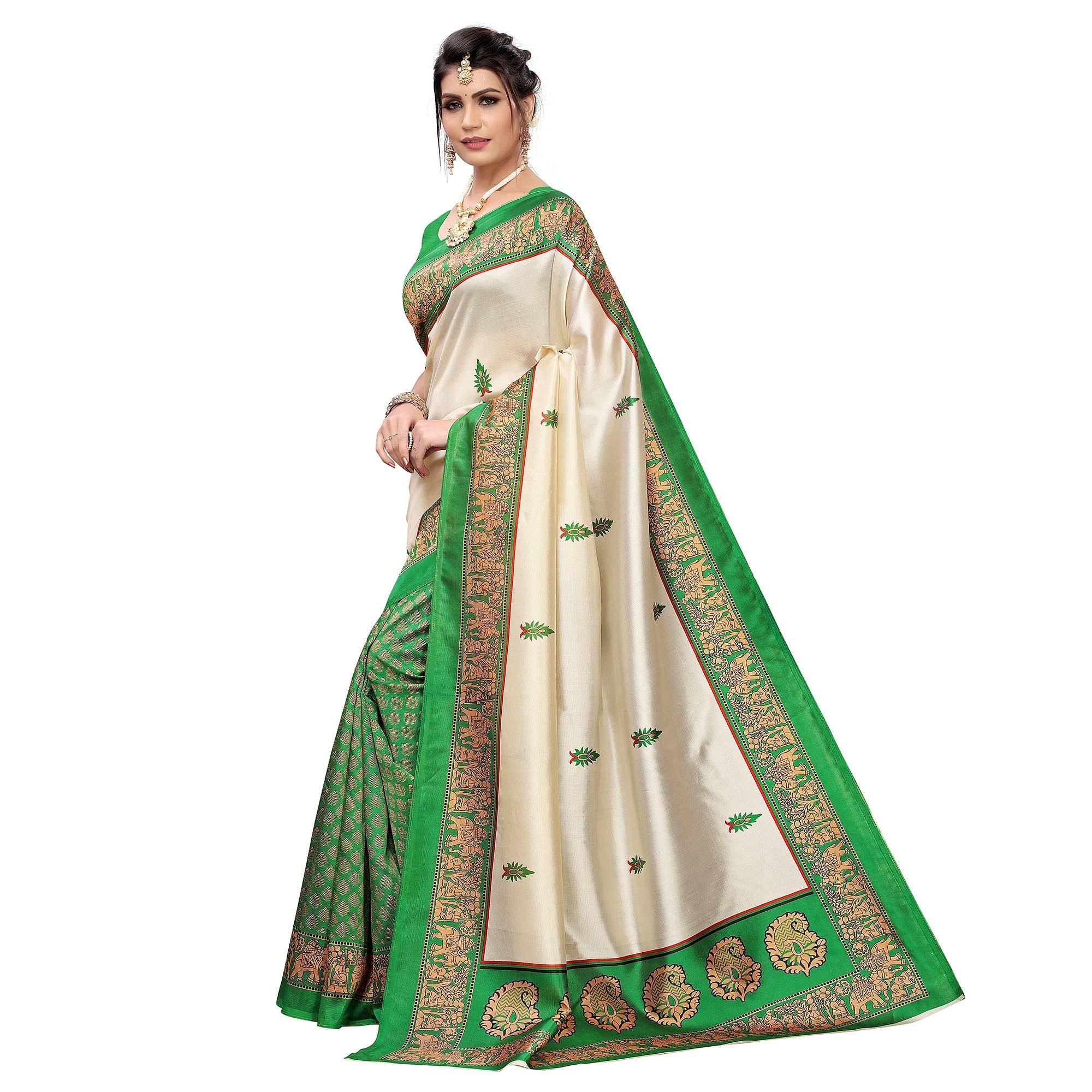 Flattering Green Colored Festive Wear Printed Art Silk Saree - Peachmode