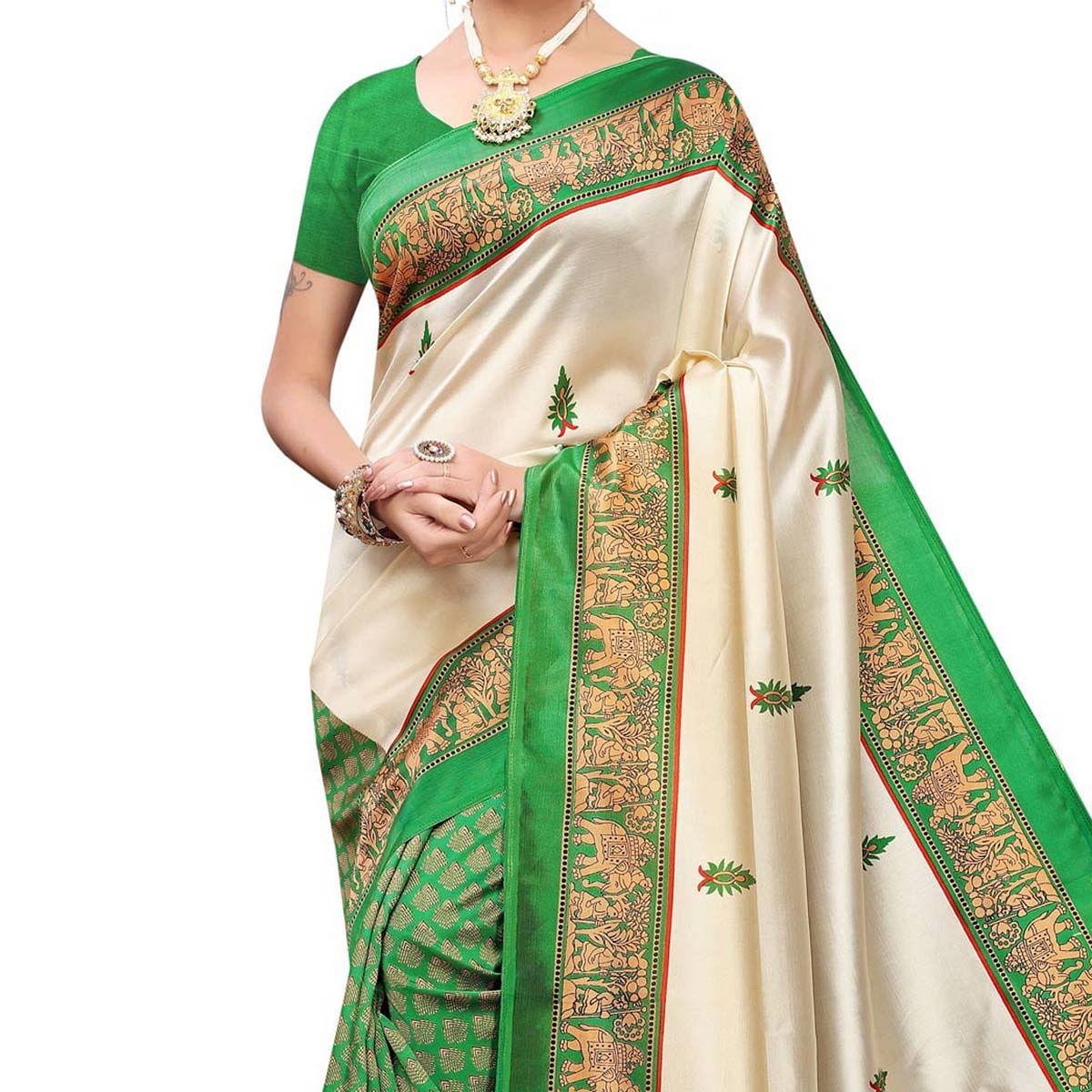 Flattering Green Colored Festive Wear Printed Art Silk Saree - Peachmode
