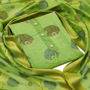 Flattering Green Colored Festive Wear Woven Heavy Banarasi Silk Dress Material - Peachmode