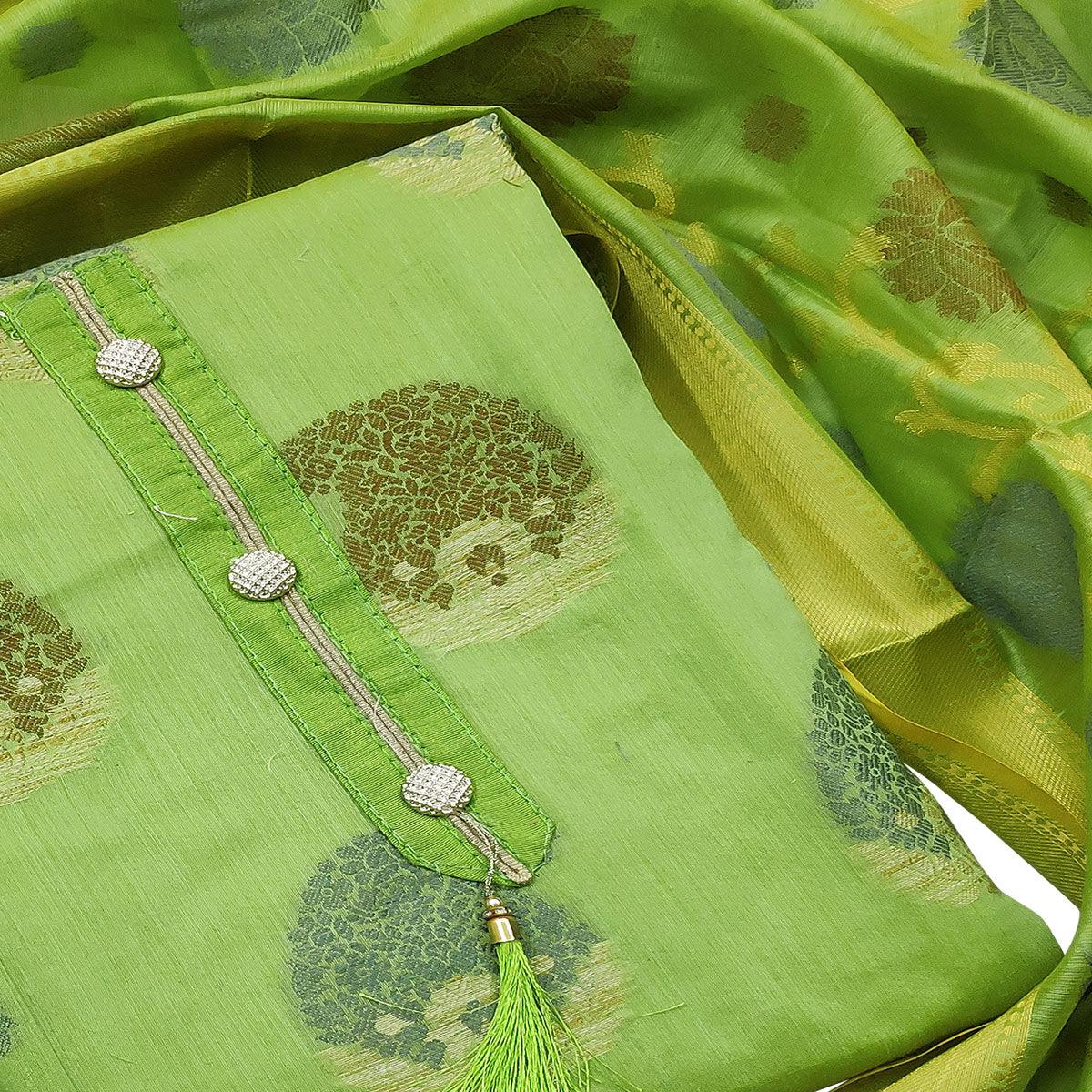 Flattering Green Colored Festive Wear Woven Heavy Banarasi Silk Dress Material - Peachmode