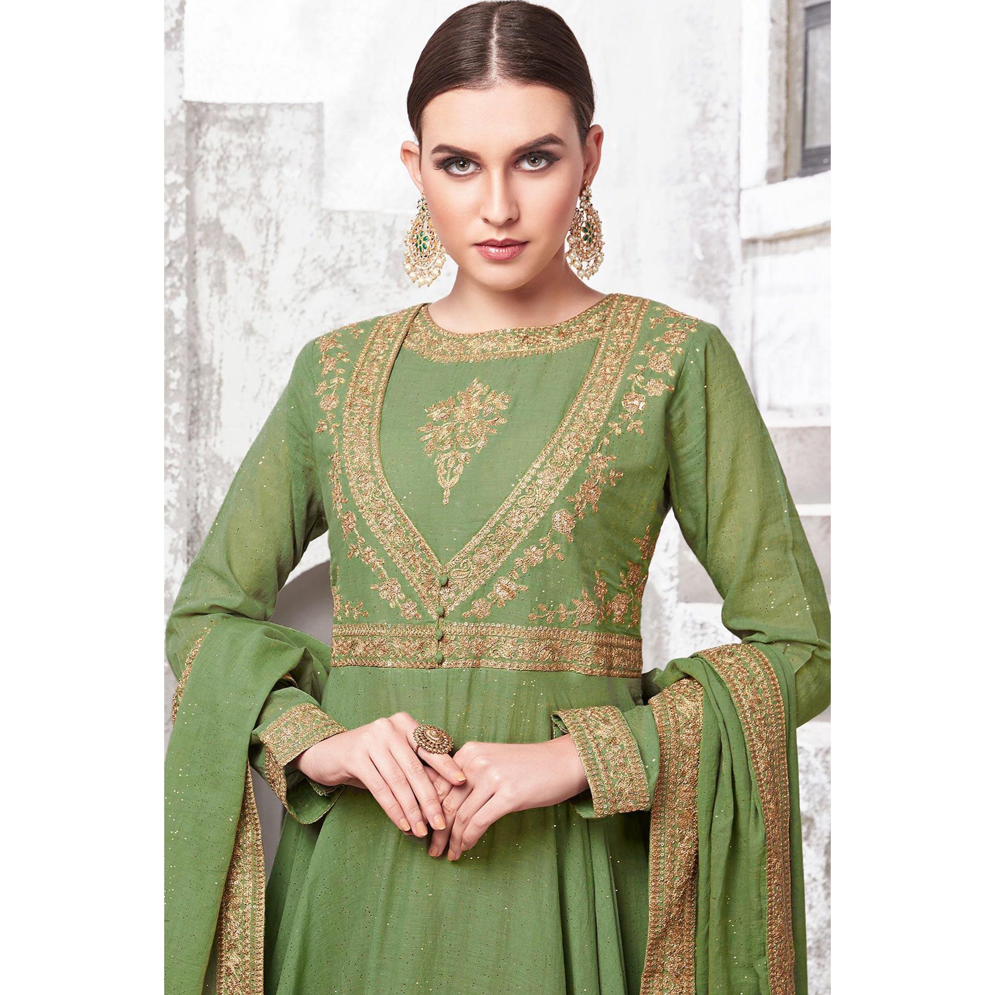 Flattering Green Colored Partywear Embroidered Cotton Anarkali Suit - Peachmode