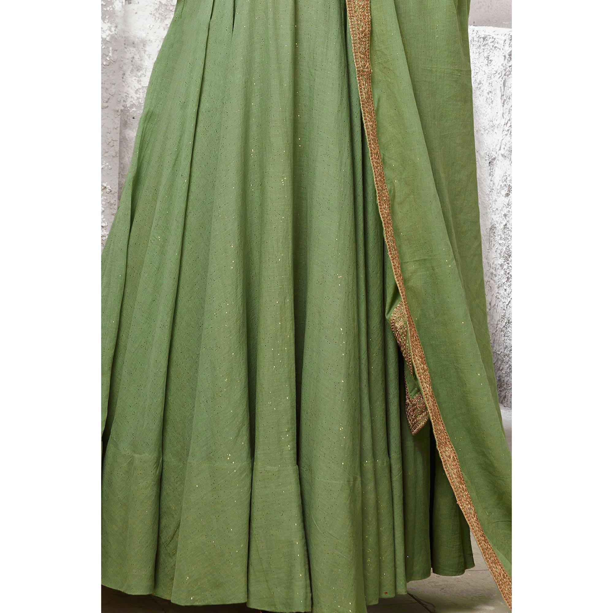 Flattering Green Colored Partywear Embroidered Cotton Anarkali Suit - Peachmode
