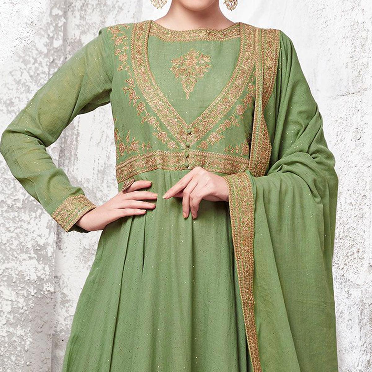 Flattering Green Colored Partywear Embroidered Cotton Anarkali Suit - Peachmode