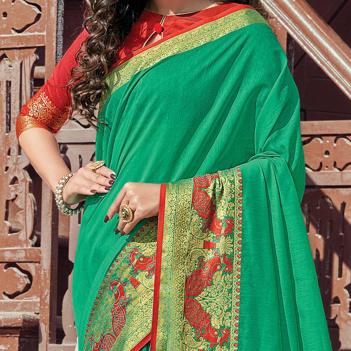Flattering Green Coloured Casual Wear Woven Cotton Handloom Saree - Peachmode