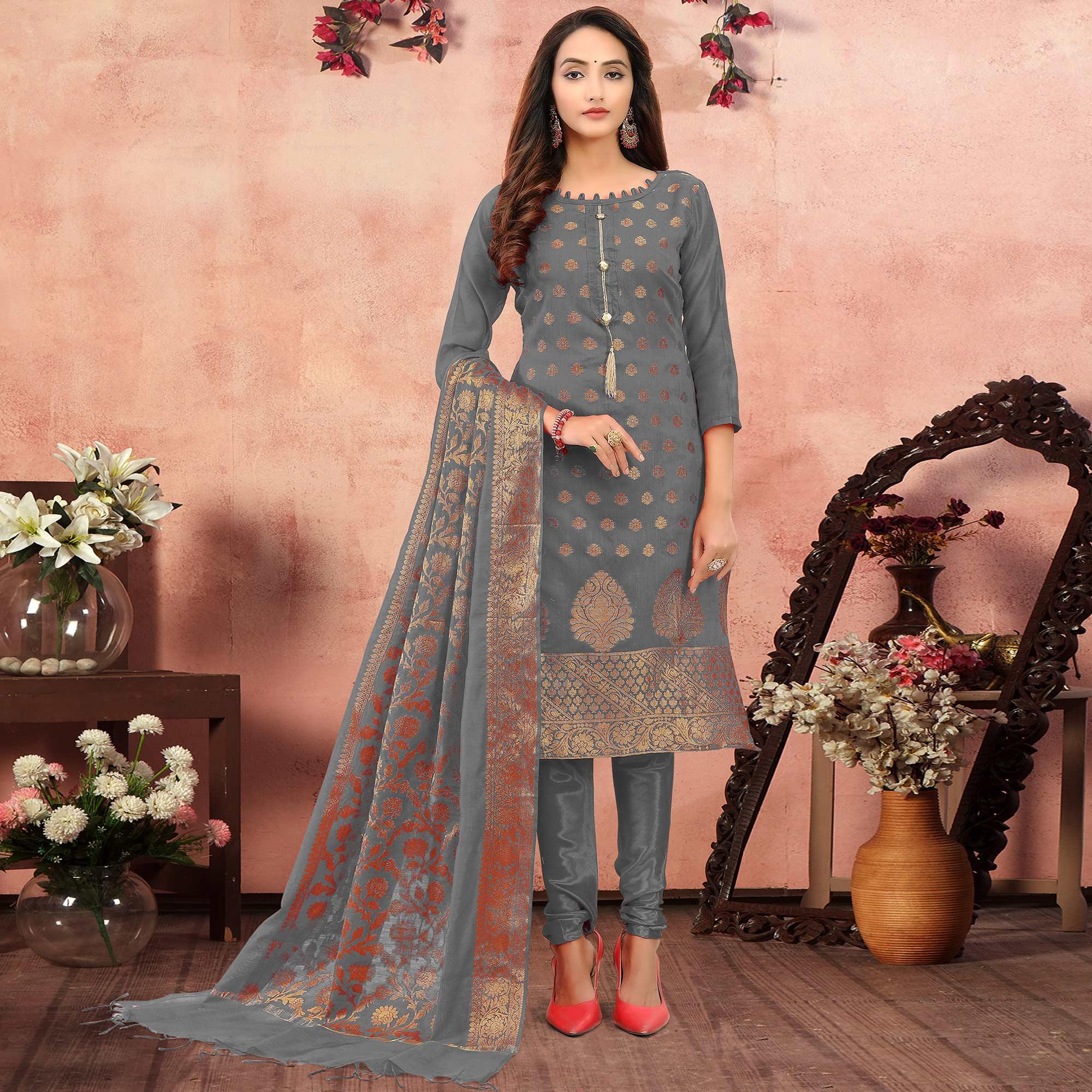 Flattering Grey Colored Festive Wear Woven Banarasi Silk Dress Material - Peachmode
