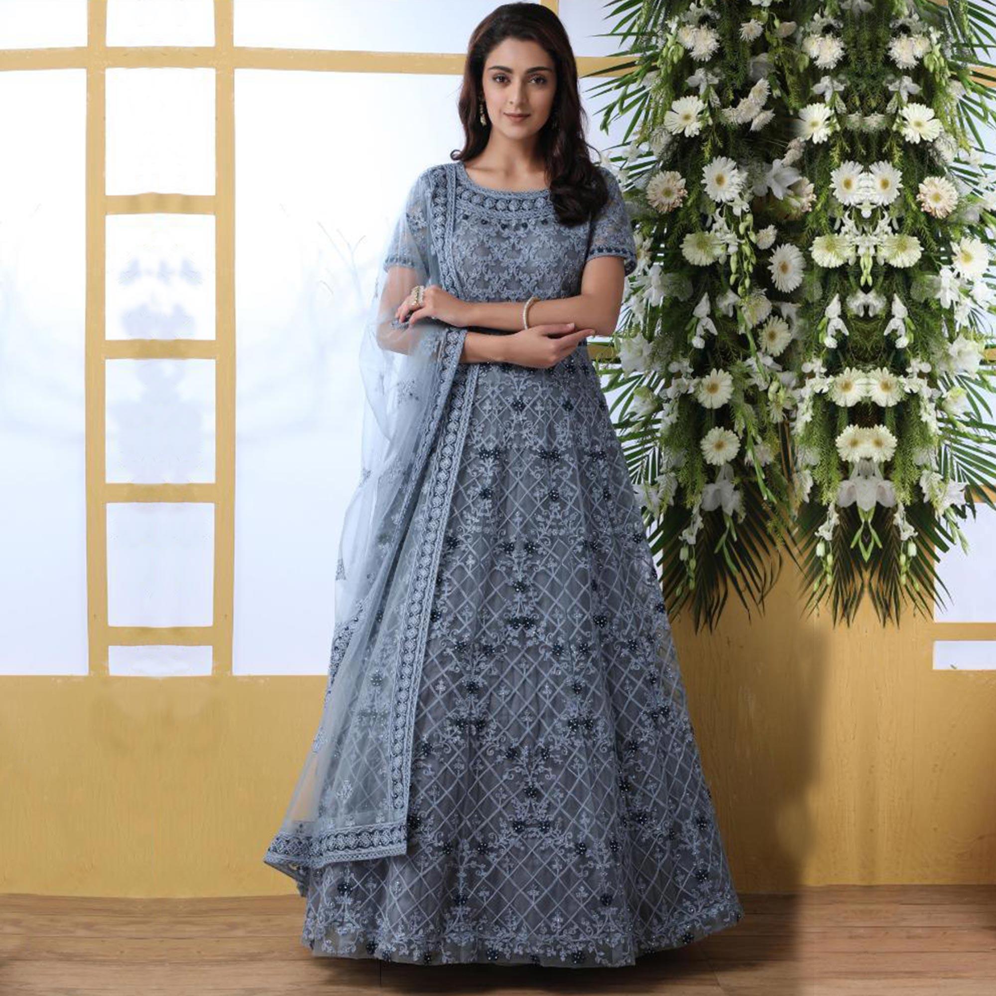 Flattering Grey Colored Party Wear Embroidered Net Gown With Dupatta - Peachmode