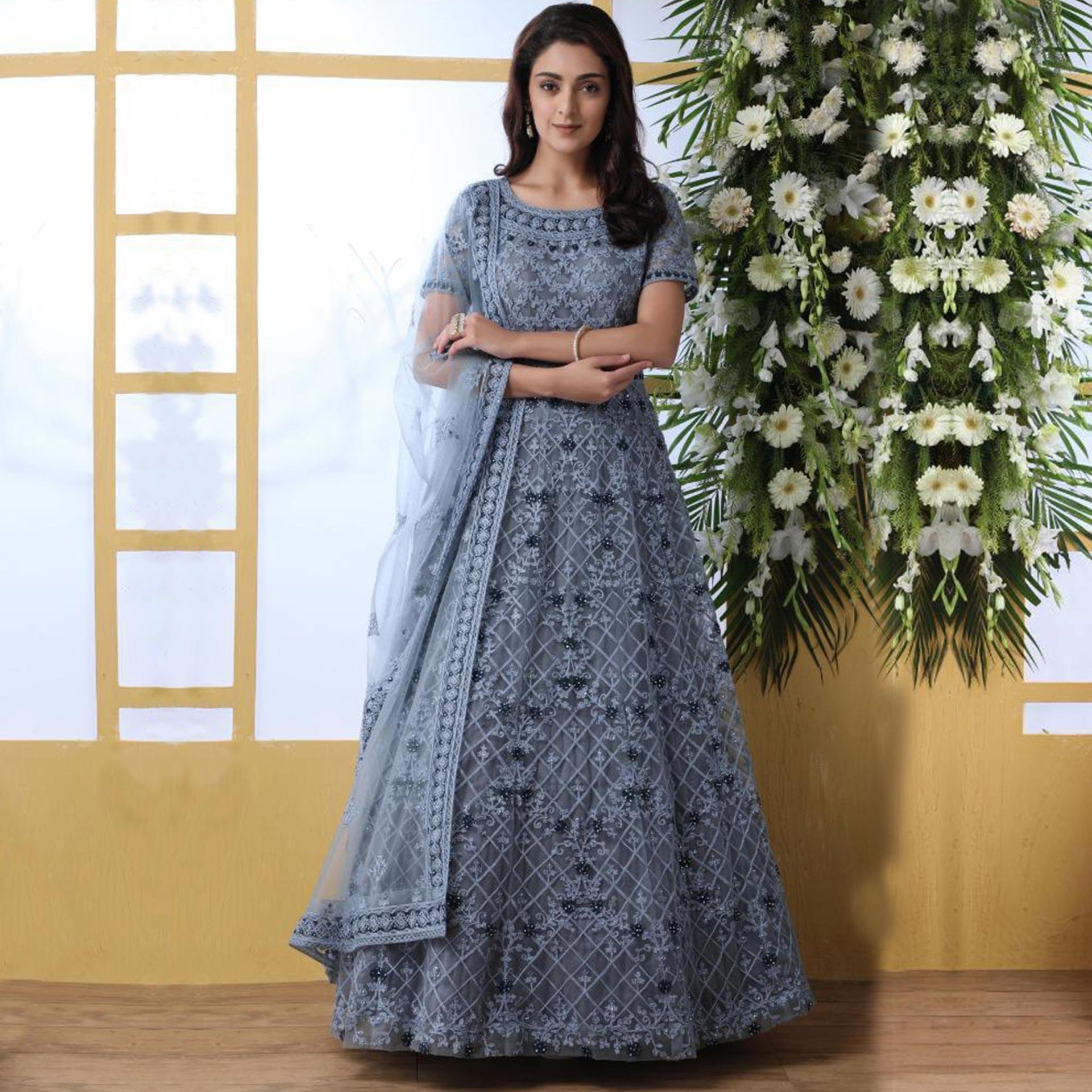 Flattering Grey Colored Party Wear Embroidered Net Gown With Dupatta