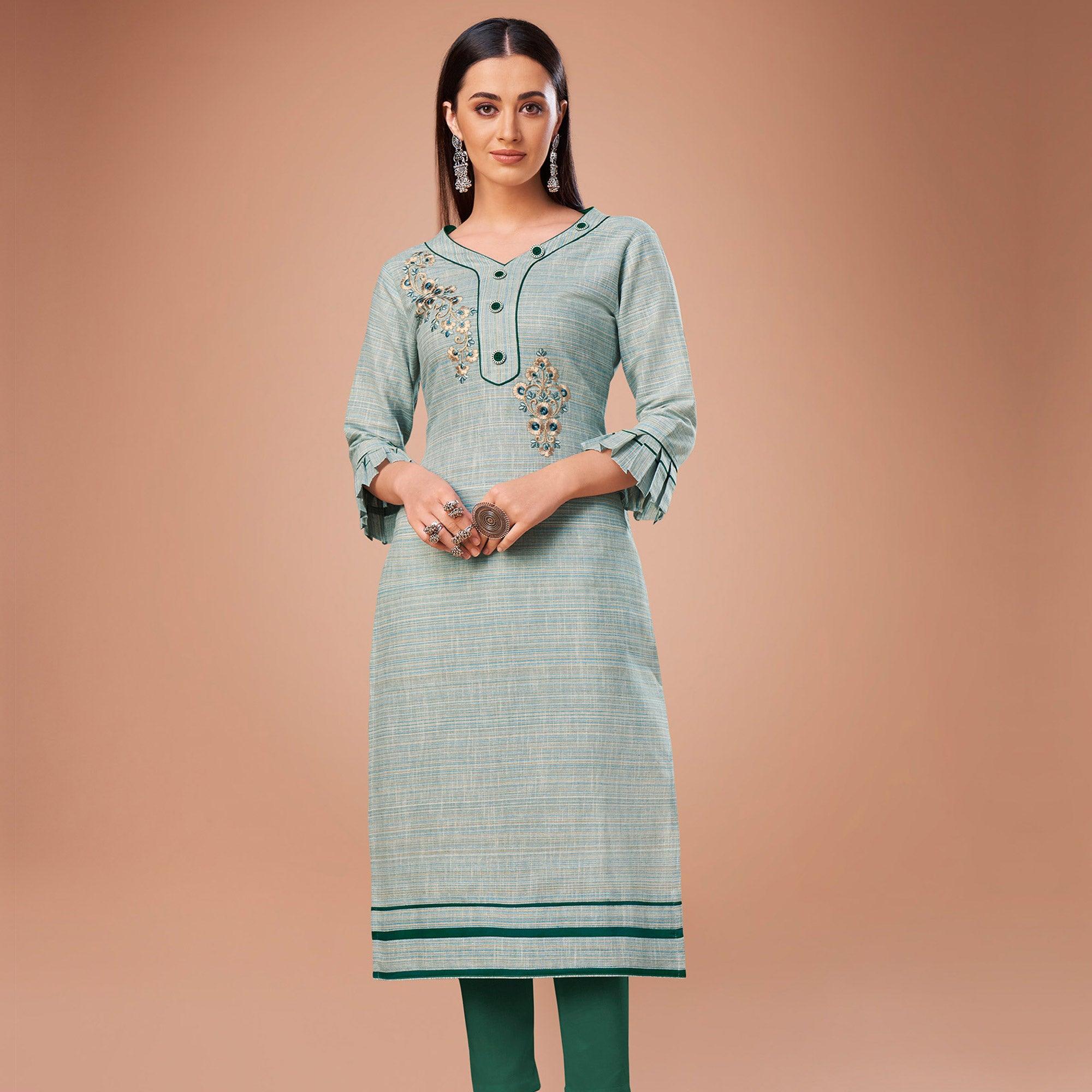 Flattering Light Blue Colored Partywear Embroidered Cotton Kurti - Peachmode