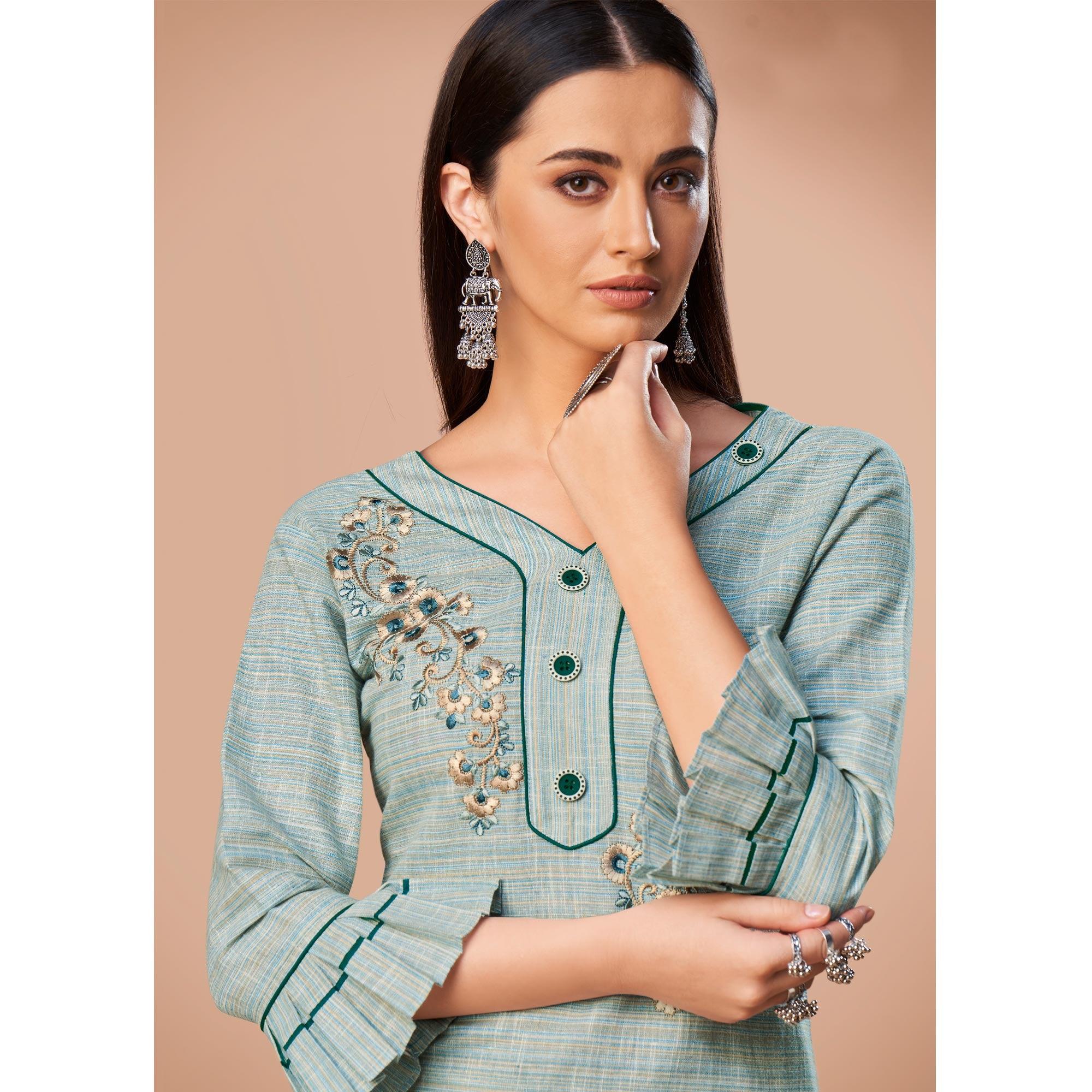 Flattering Light Blue Colored Partywear Embroidered Cotton Kurti - Peachmode