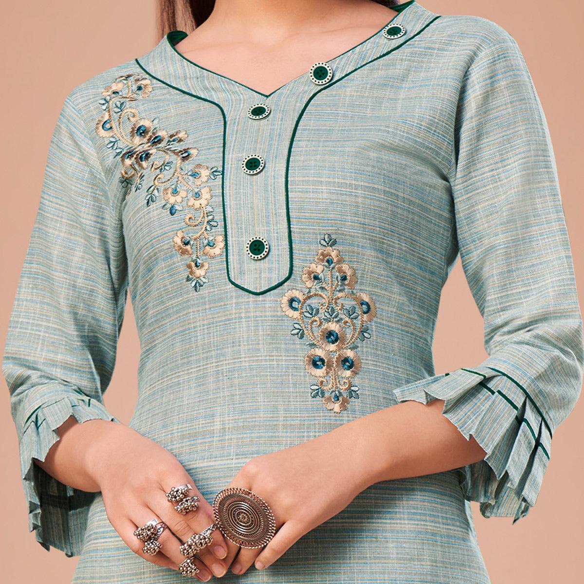 Flattering Light Blue Colored Partywear Embroidered Cotton Kurti - Peachmode
