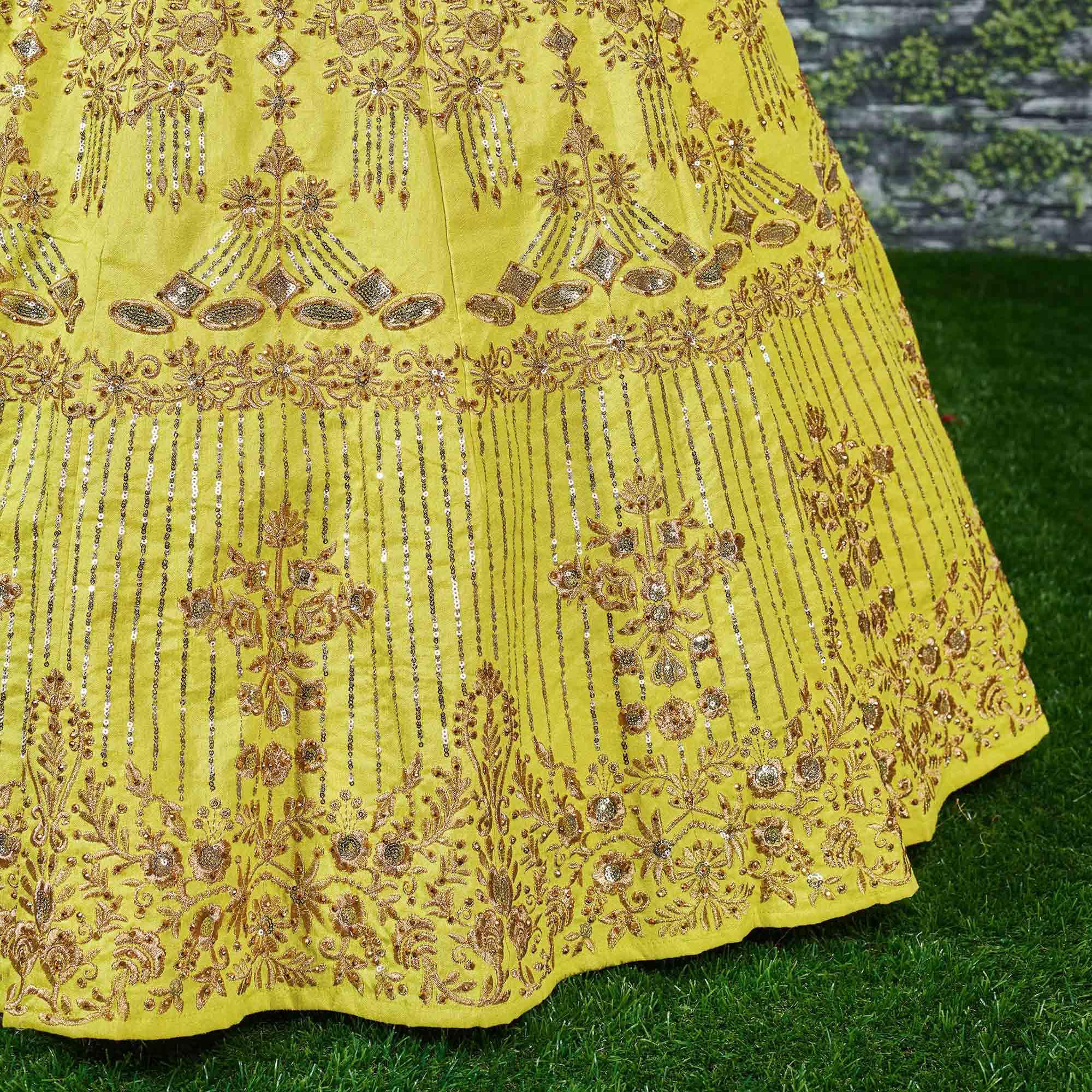 Flattering Lime Green Colored Partywear Embroidered Banglori Silk Lehenga - Peachmode