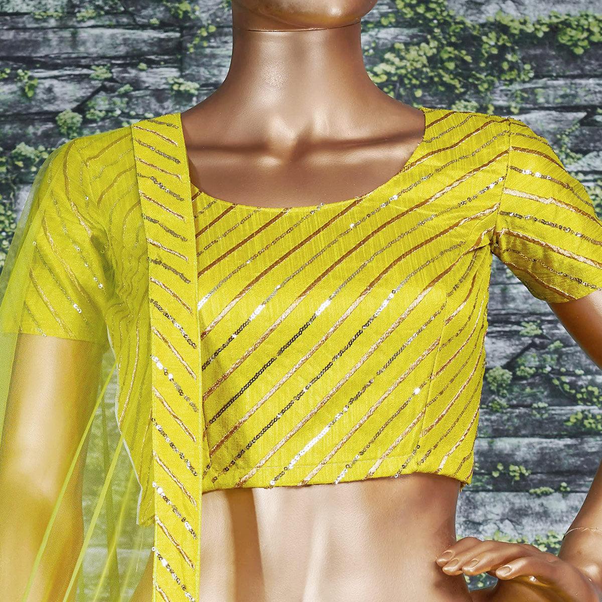 Flattering Lime Green Colored Partywear Embroidered Banglori Silk Lehenga - Peachmode