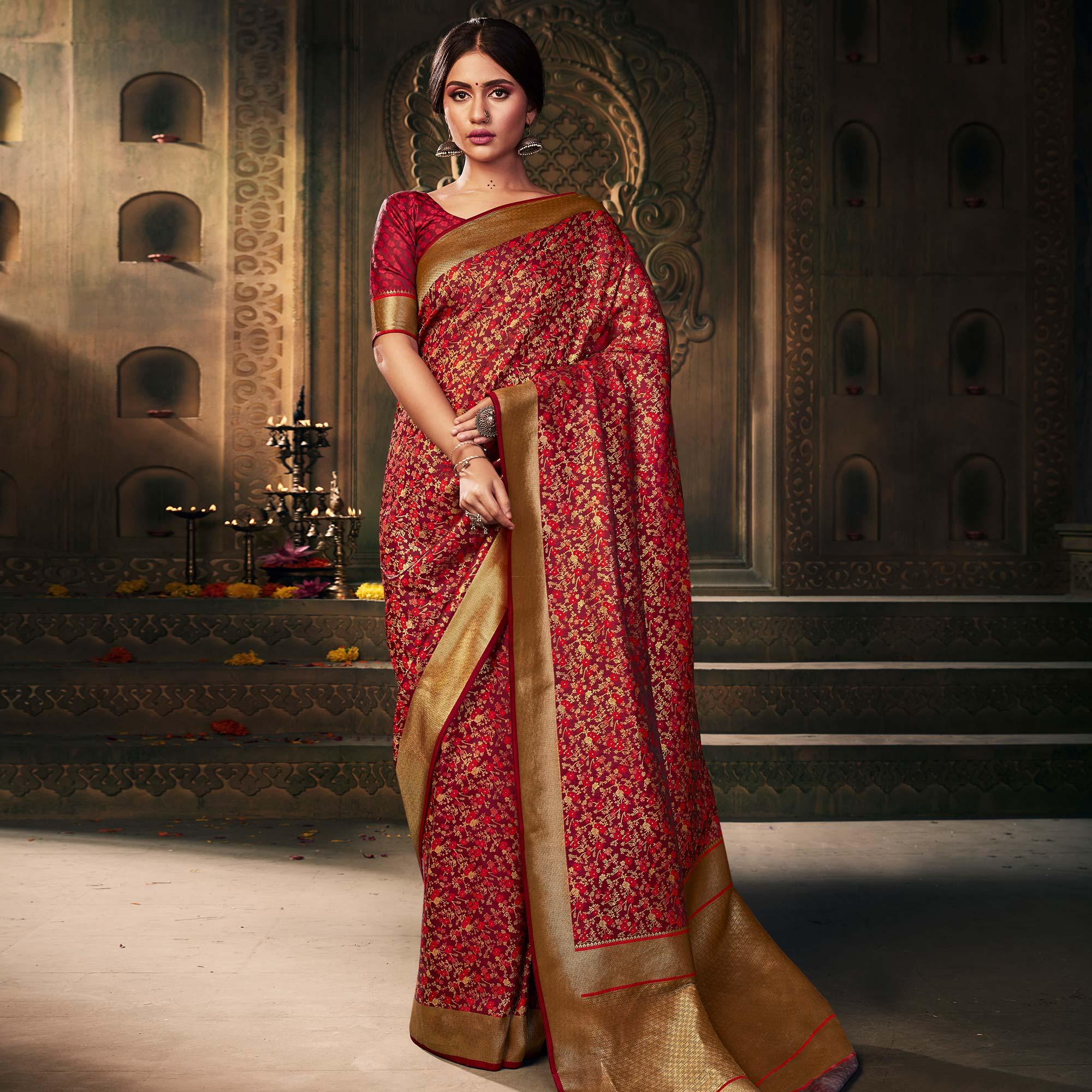 Flattering Maroon Colored Festive Wear Woven Banarasi Silk Saree - Peachmode