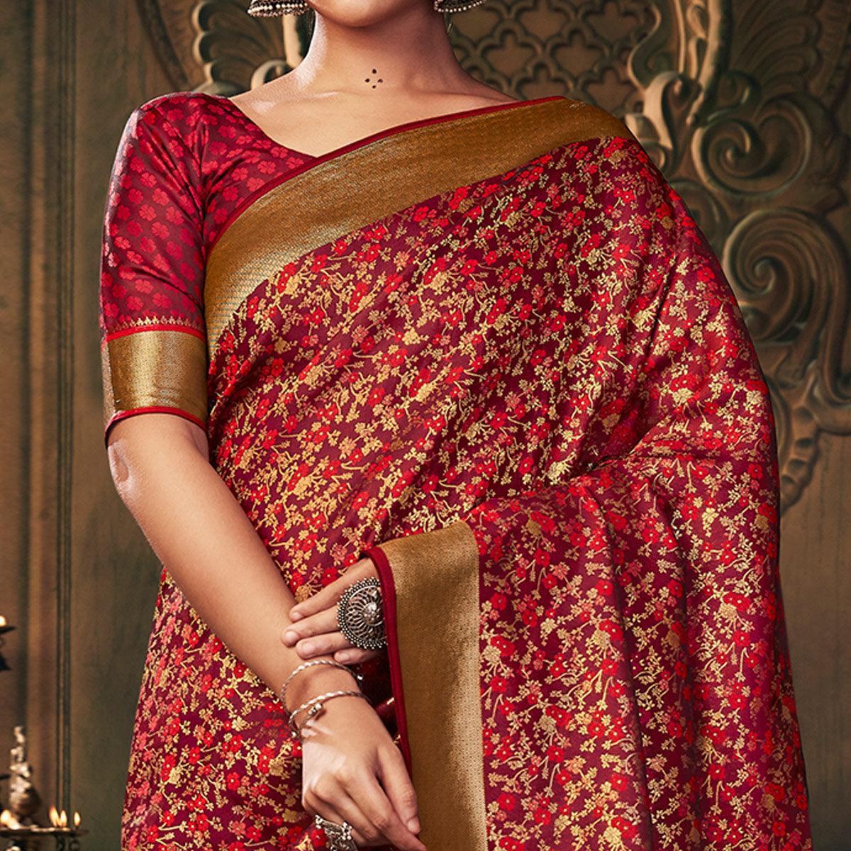 Flattering Maroon Colored Festive Wear Woven Banarasi Silk Saree - Peachmode