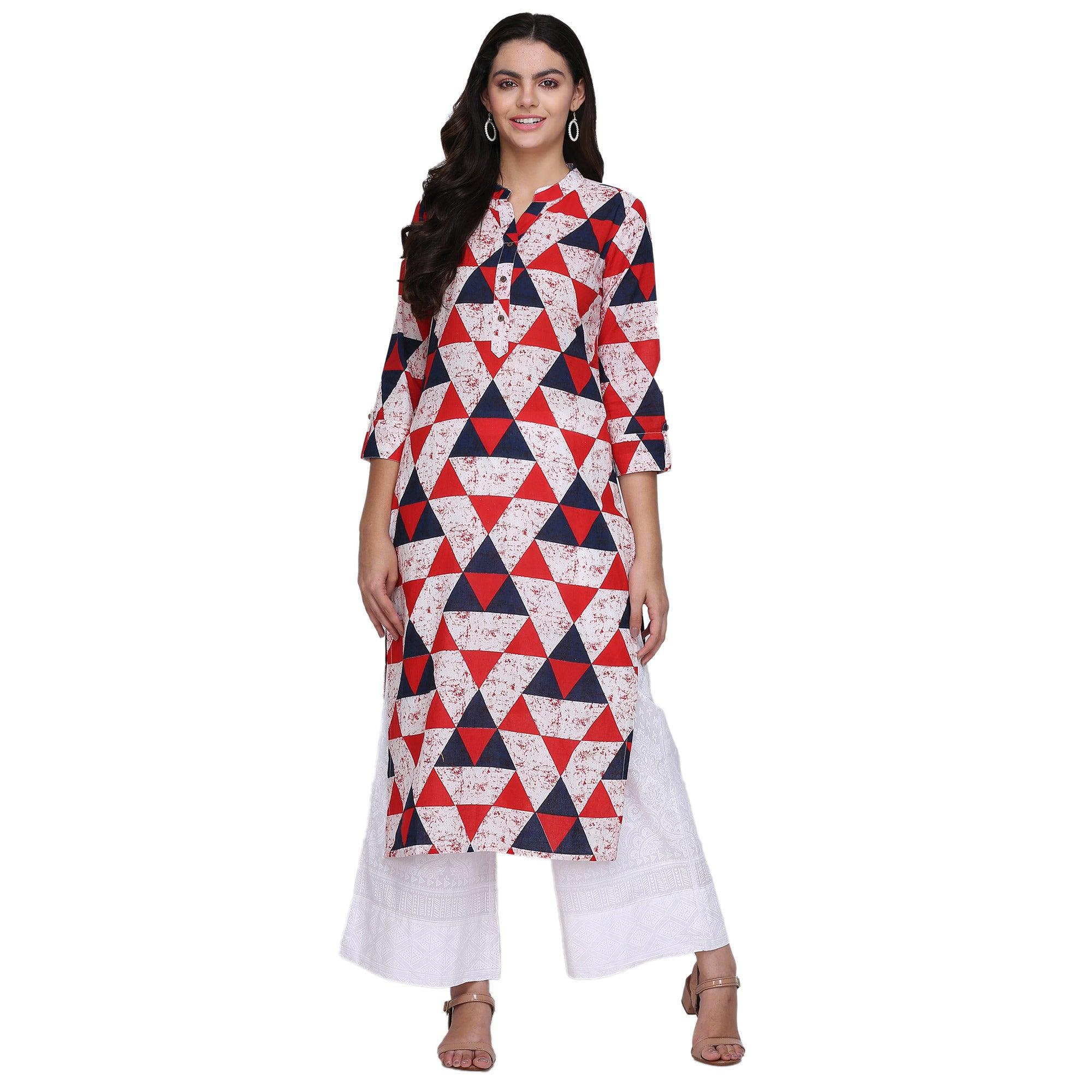 Flattering Multi Colored Casual Printed Cotton Kurti - Peachmode
