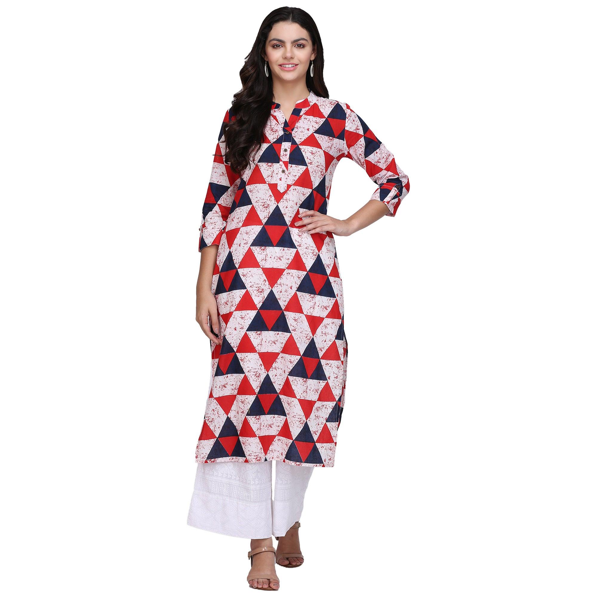 Flattering Multi Colored Casual Printed Cotton Kurti - Peachmode